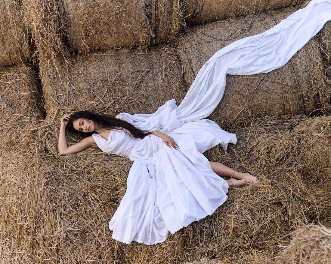 White Handwoven Cotton Dhoti Long Dress