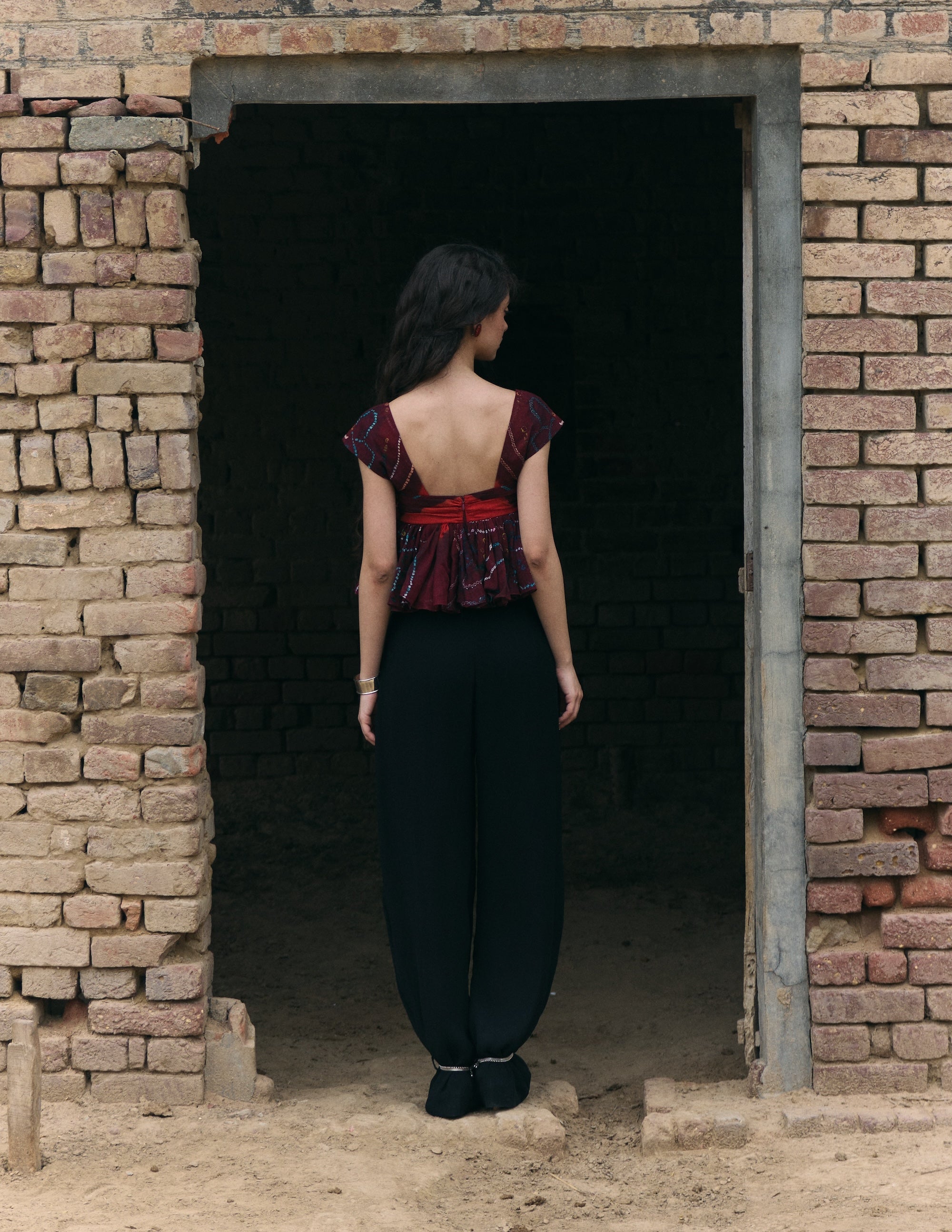 Hand Tie Dye Odhni Cotton Gathered Top and Black Chiffon Trousers