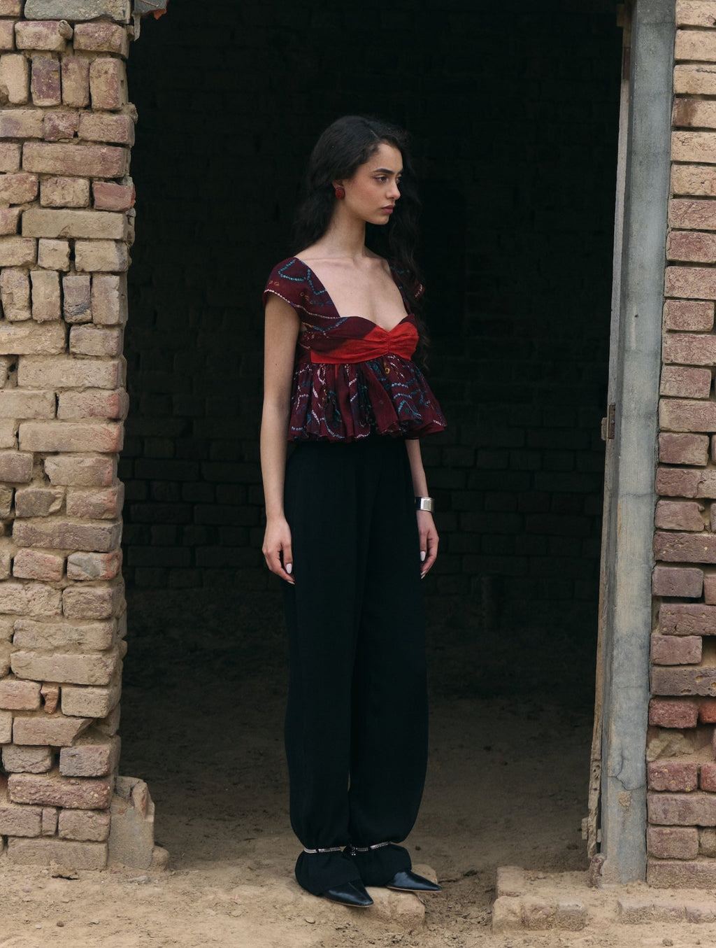 Hand Tie Dye Odhni Cotton Gathered Top and Black Chiffon Trousers