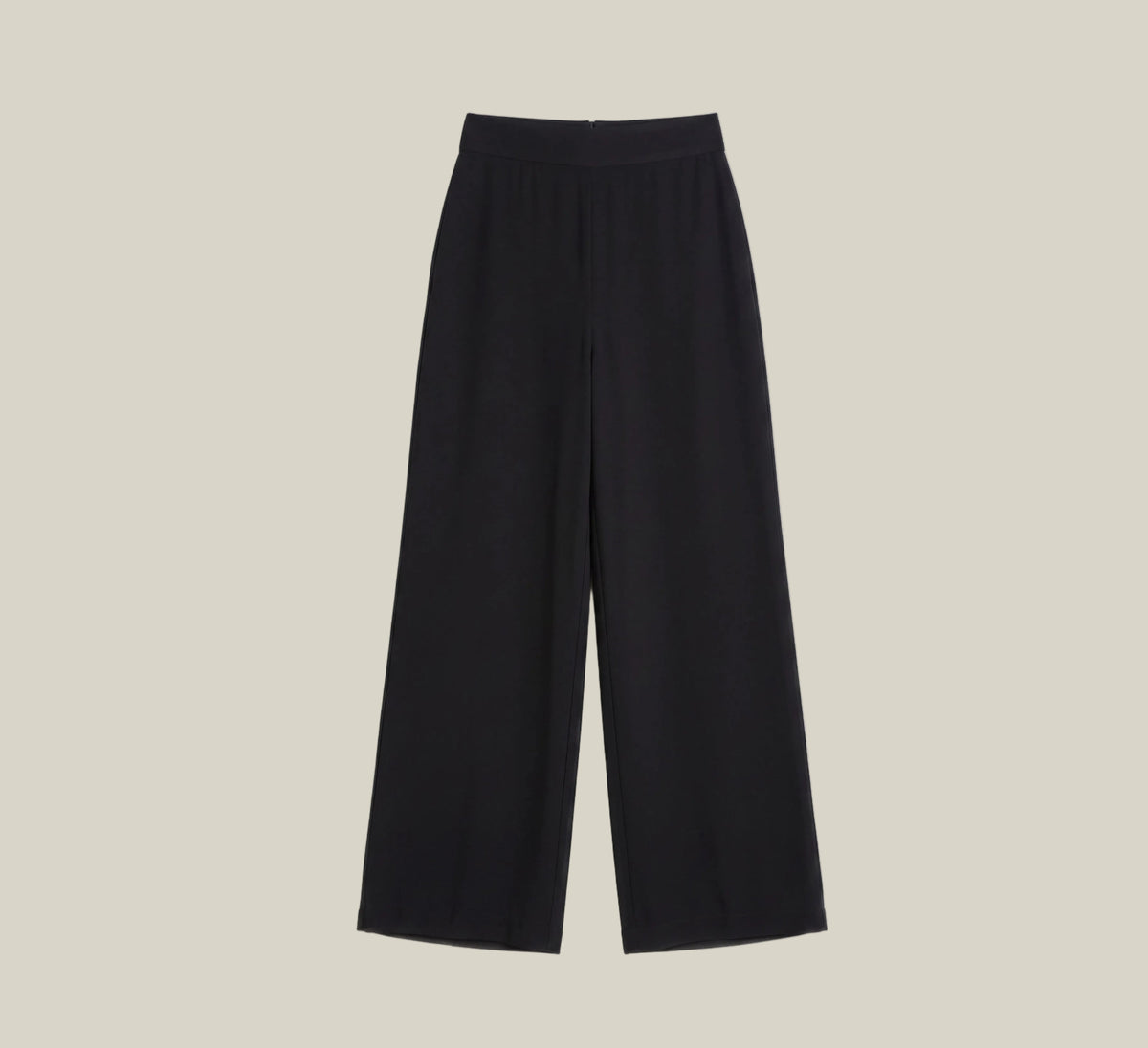 Black wide-leg cropped pants shown flat against a light beige background.