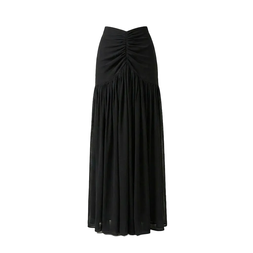 Black Ruched Long Chiffon Skirt 