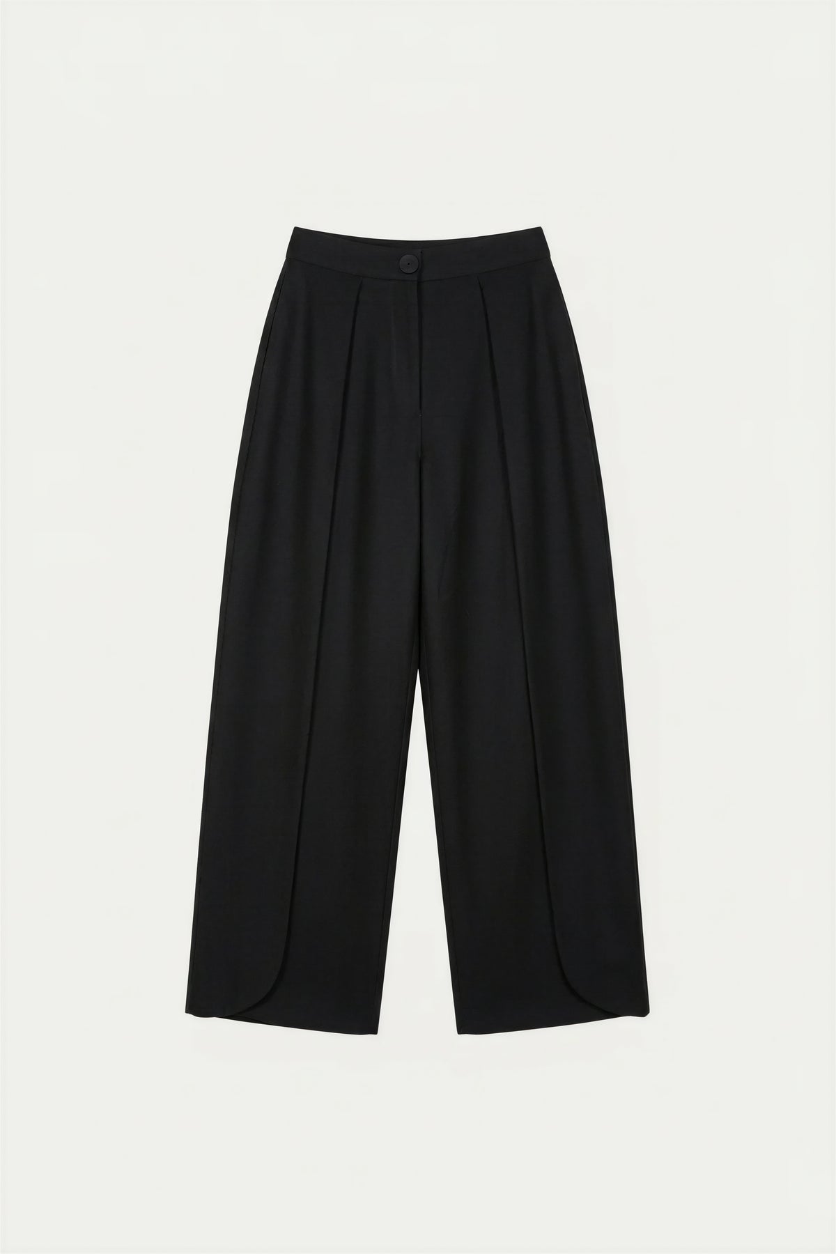 Black wide-leg cropped trousers with a high waist and front pleats, shown flat against a light off-white background.