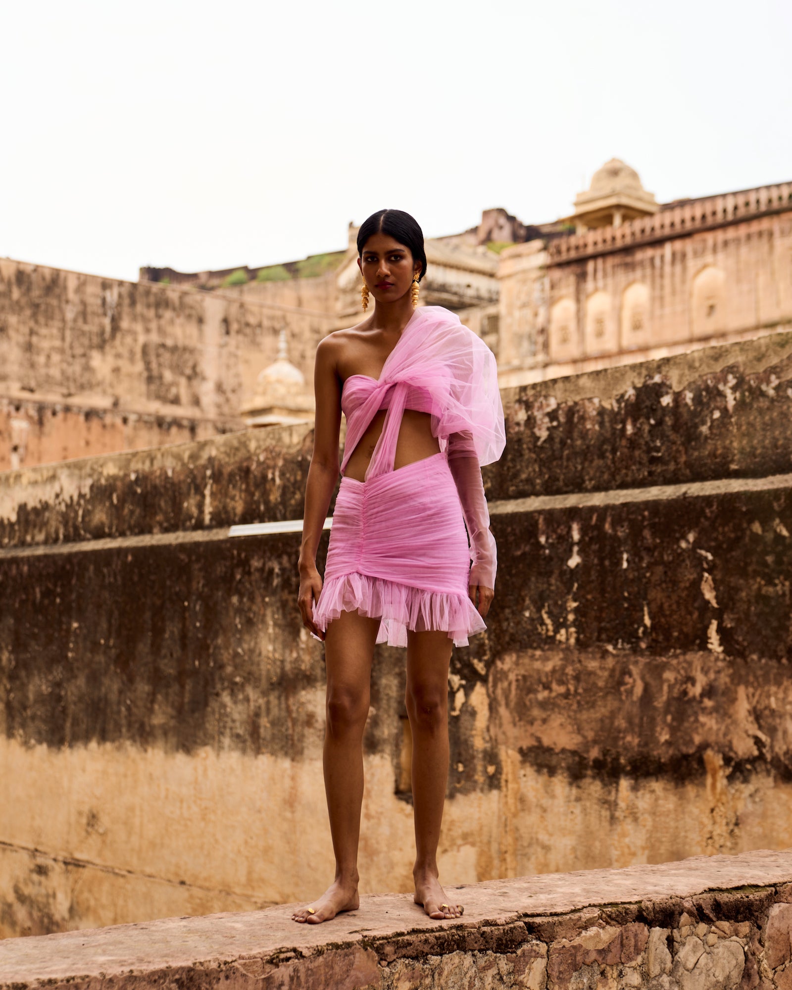 Pink Tulle Puff Sleeve Dress