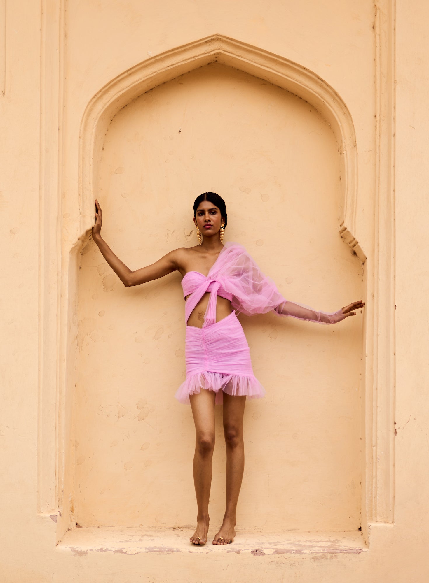 Pink Tulle Puff Sleeve Dress