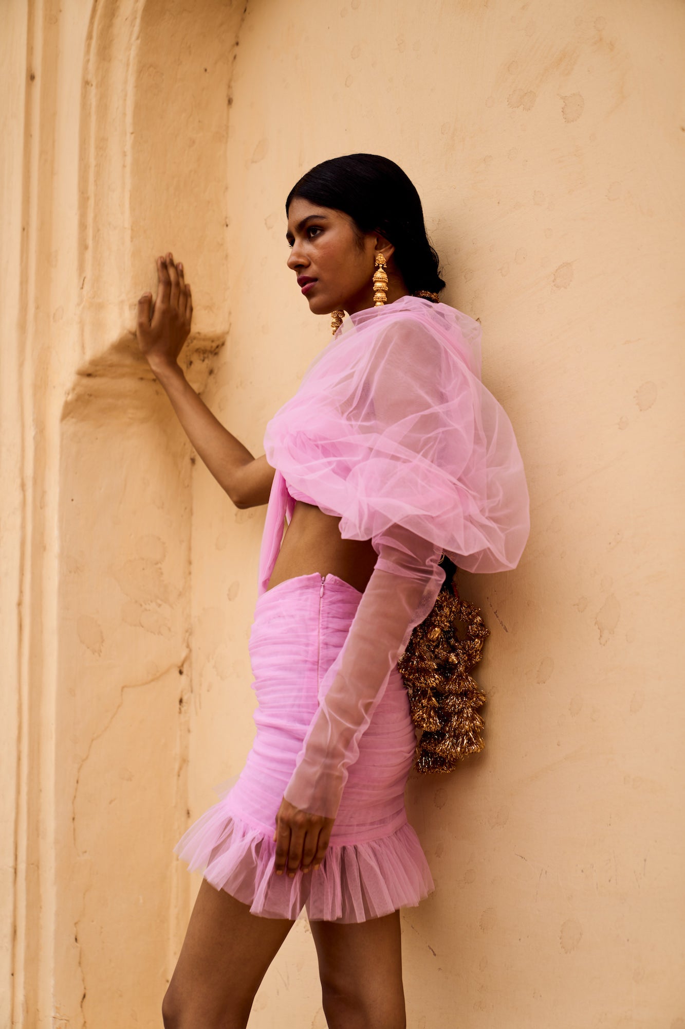 Pink Tulle Puff Sleeve Dress