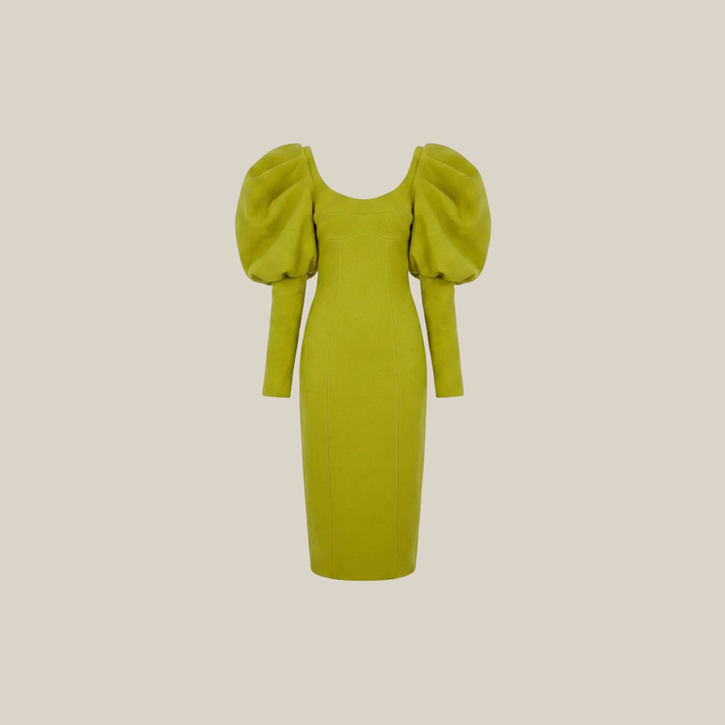 Lime Green Puff Sleeve Wool Dress