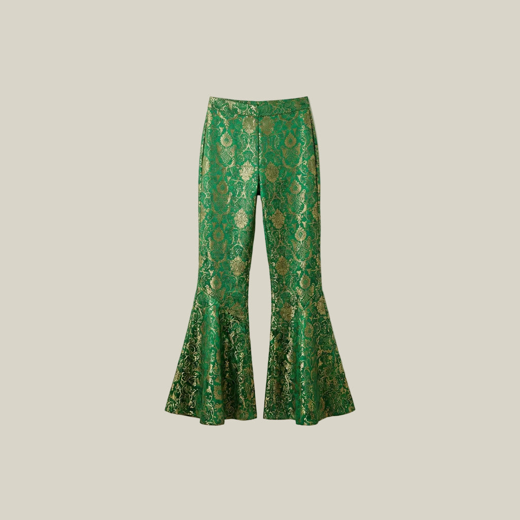 Green Brocade Flare Trousers
