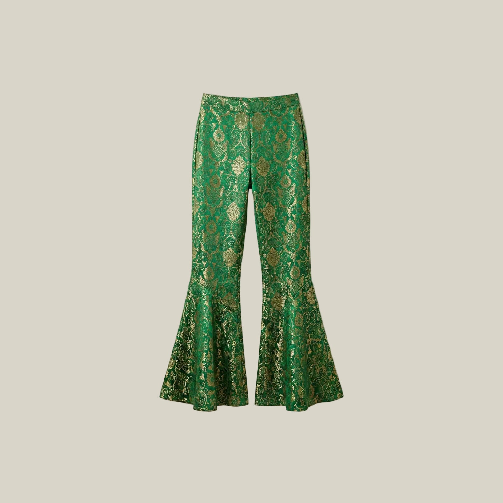 Green Brocade Flare Trousers