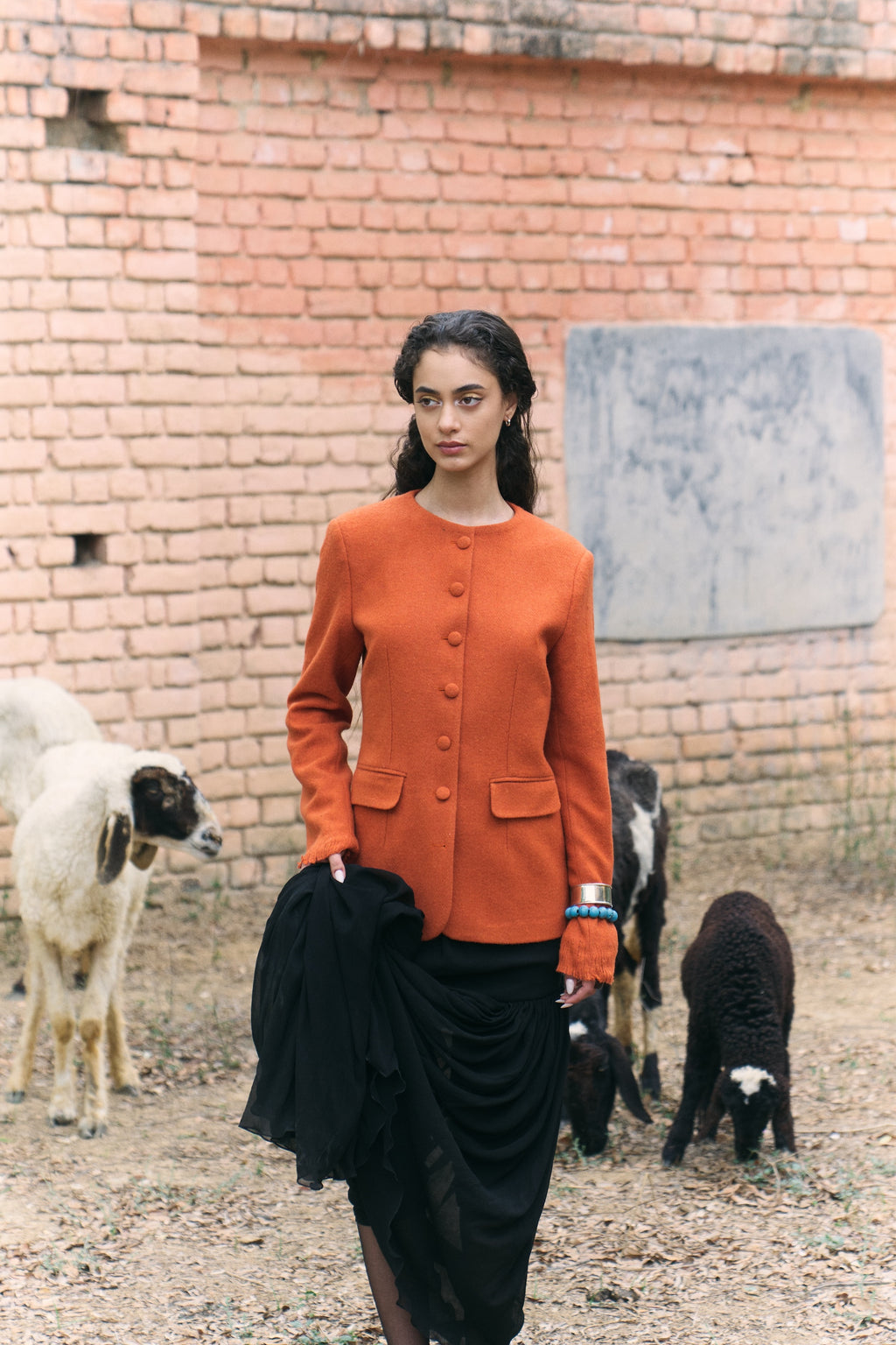 Handwoven Khadi Wool Orange Jacket and Black Chiffon Long Skirt