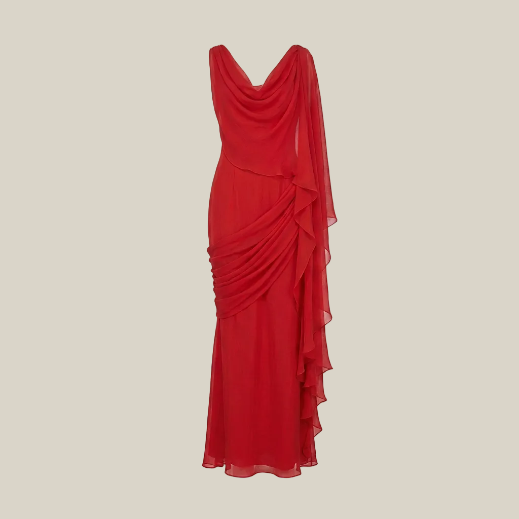 Red Chiffon Draped Dupatta Dress