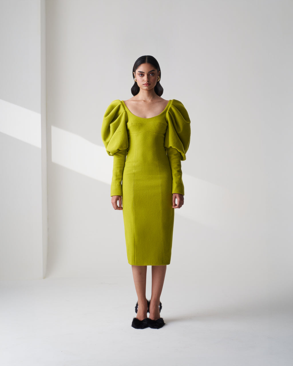 Lime Green Puff Sleeve Wool Dress