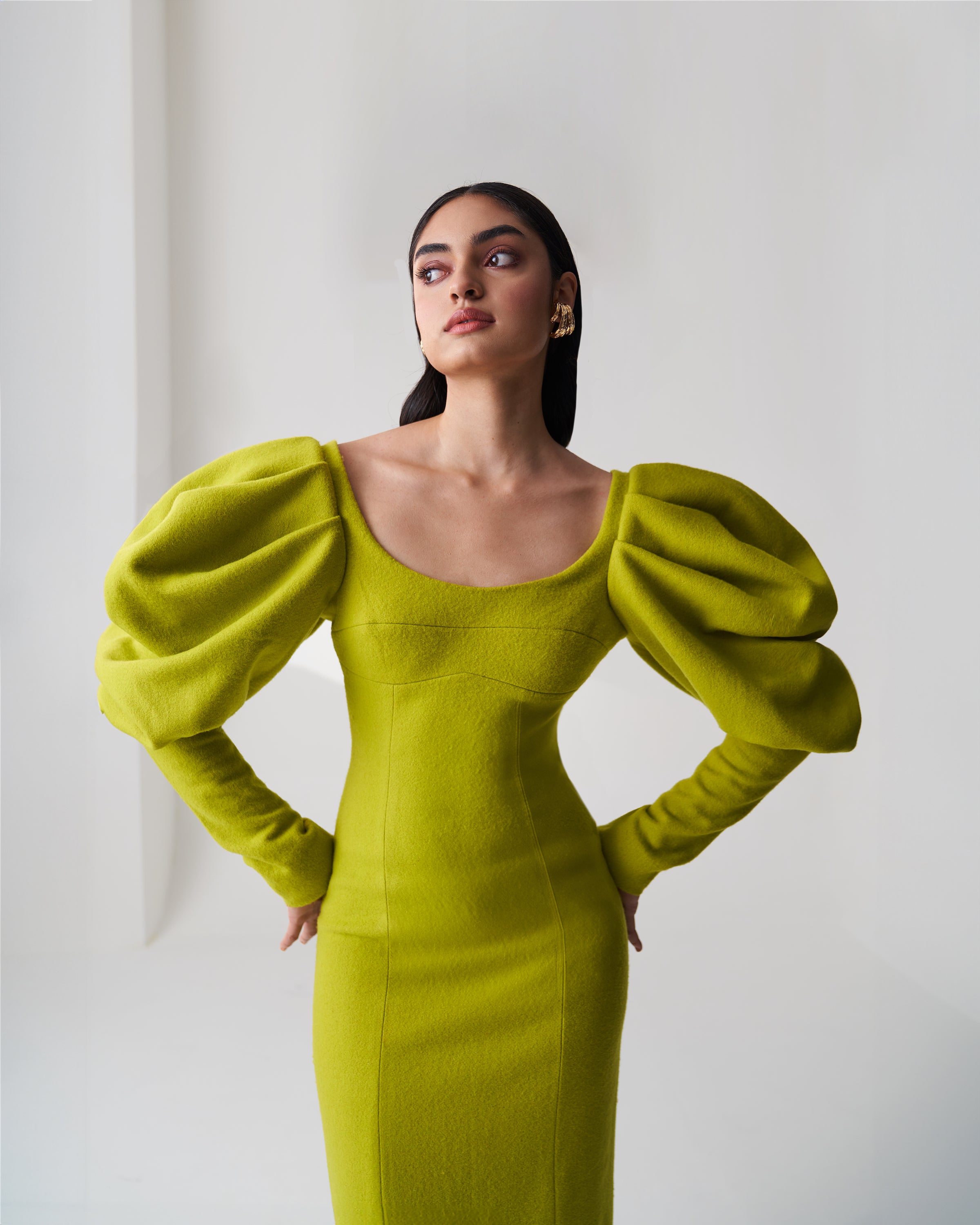 Lime Green Puff Sleeve Wool Dress