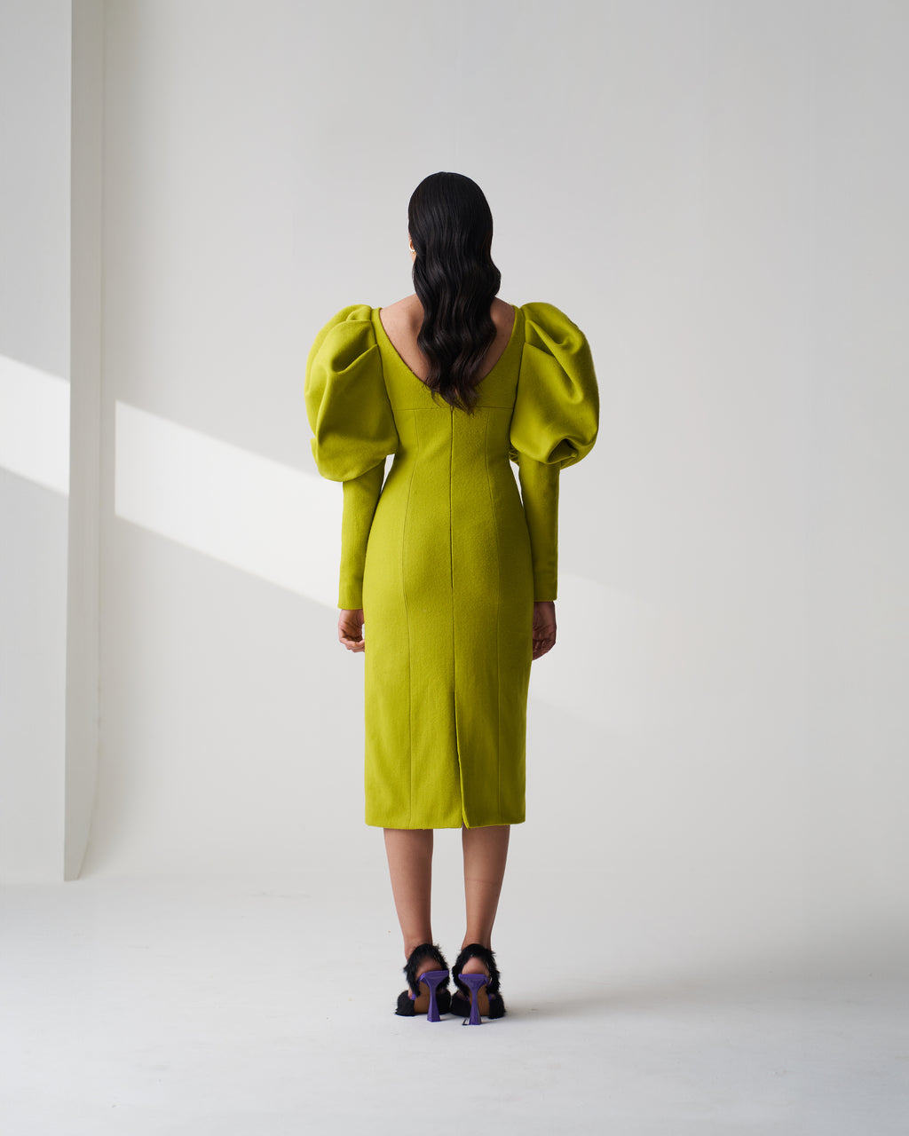 Lime Green Puff Sleeve Wool Dress