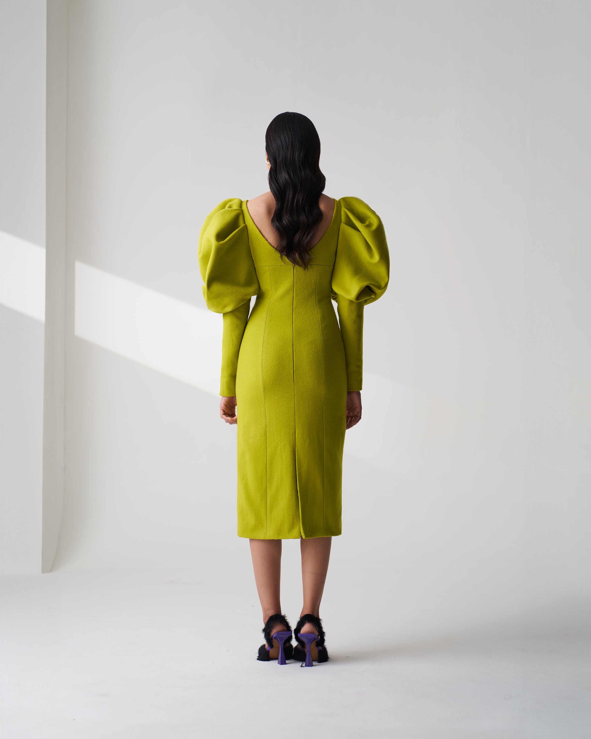 Lime Green Puff Sleeve Wool Dress