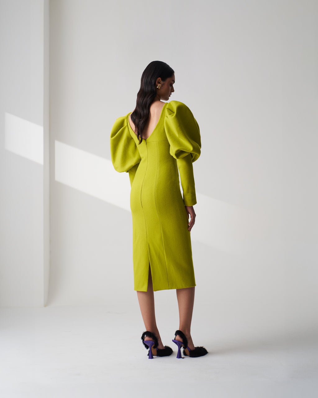 Lime Green Puff Sleeve Wool Dress