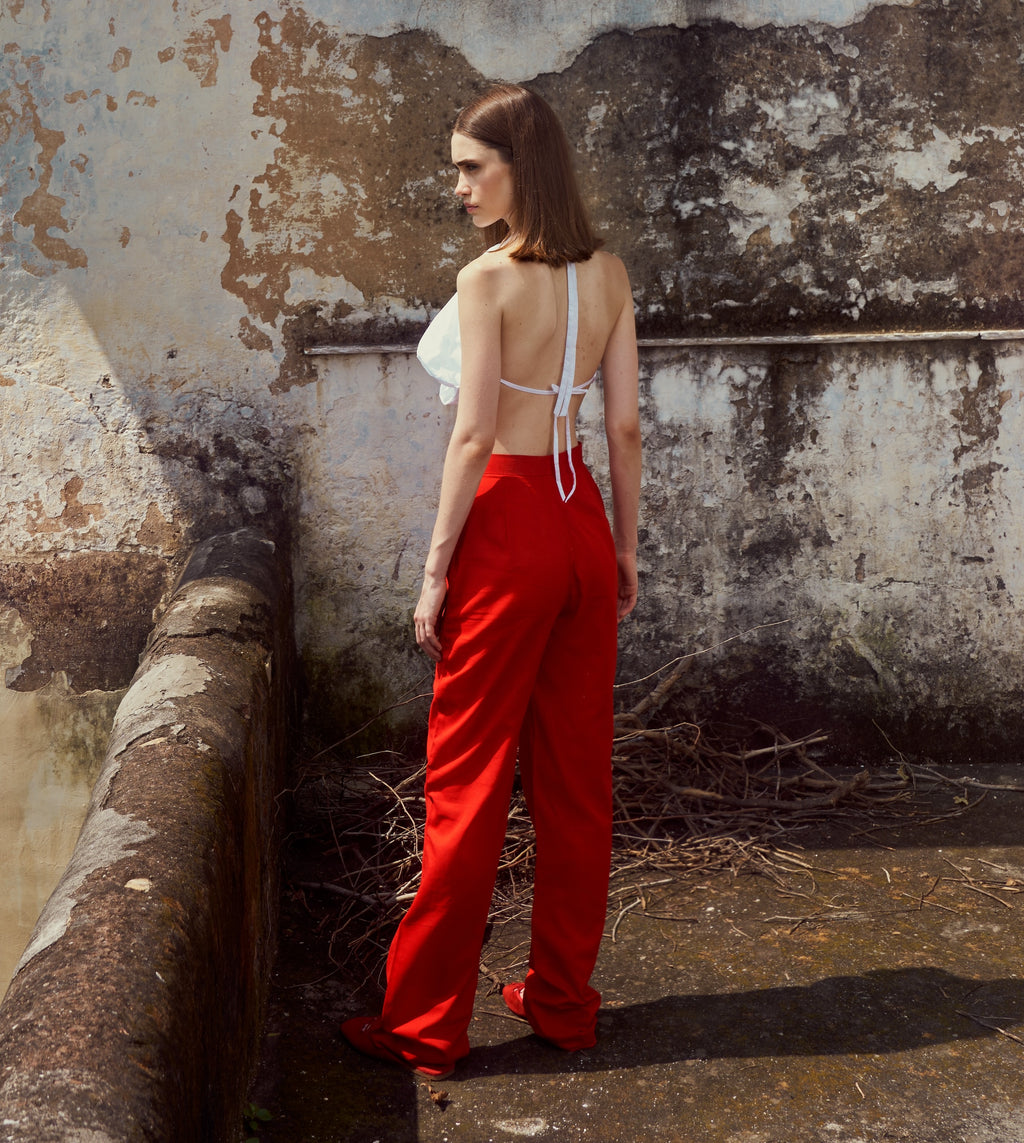 Red Handwoven Cotton Overlap Trousers
