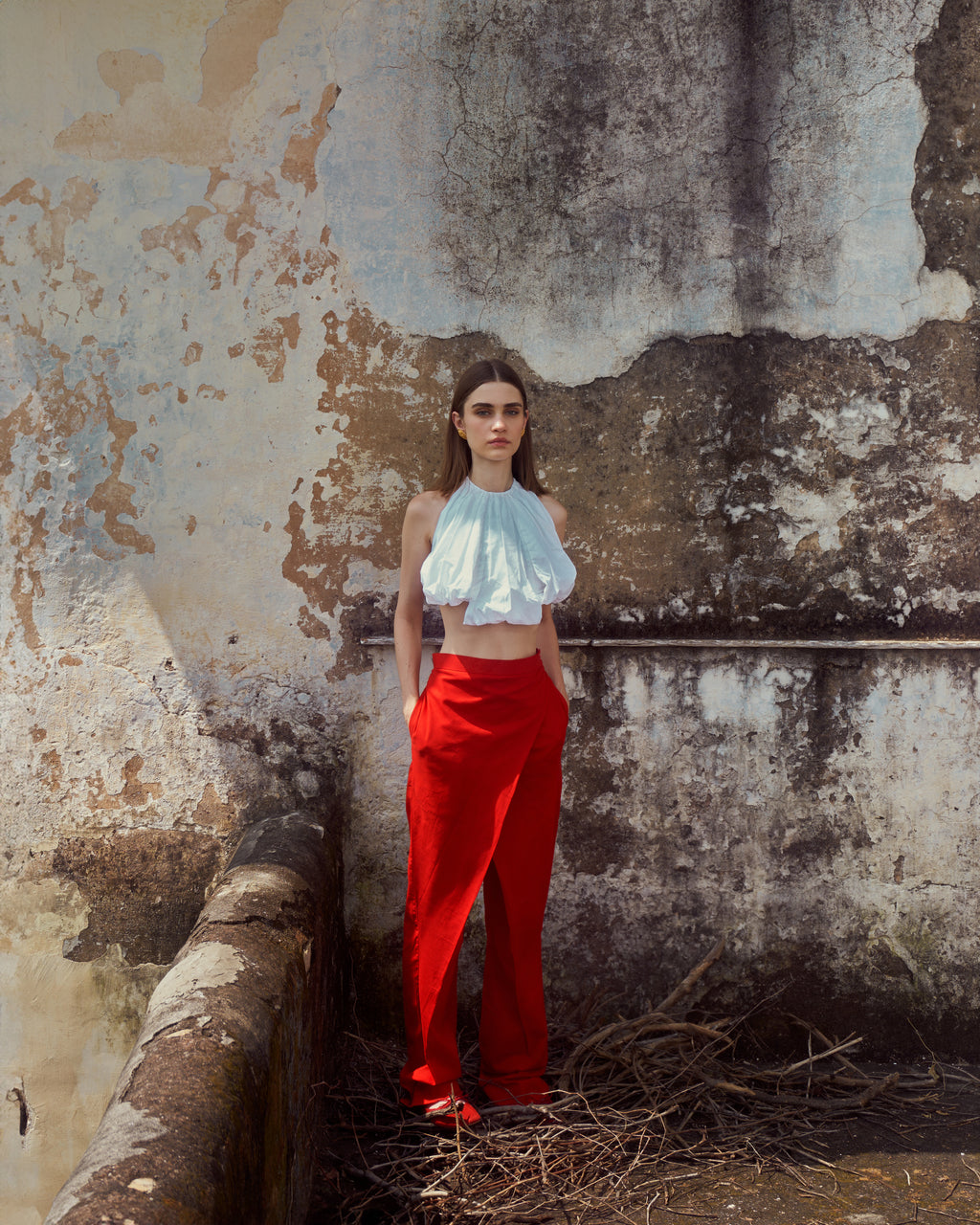 Red Handwoven Cotton Overlap Trousers