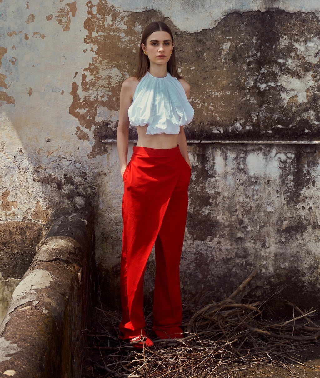 Red Handwoven Cotton Overlap Trousers