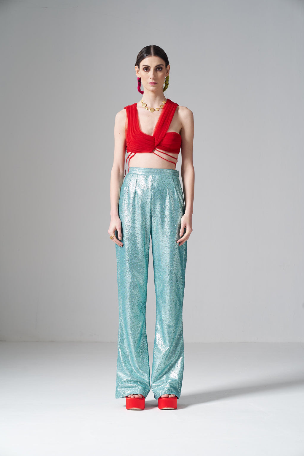 Red Hand Gathered Tulle Top