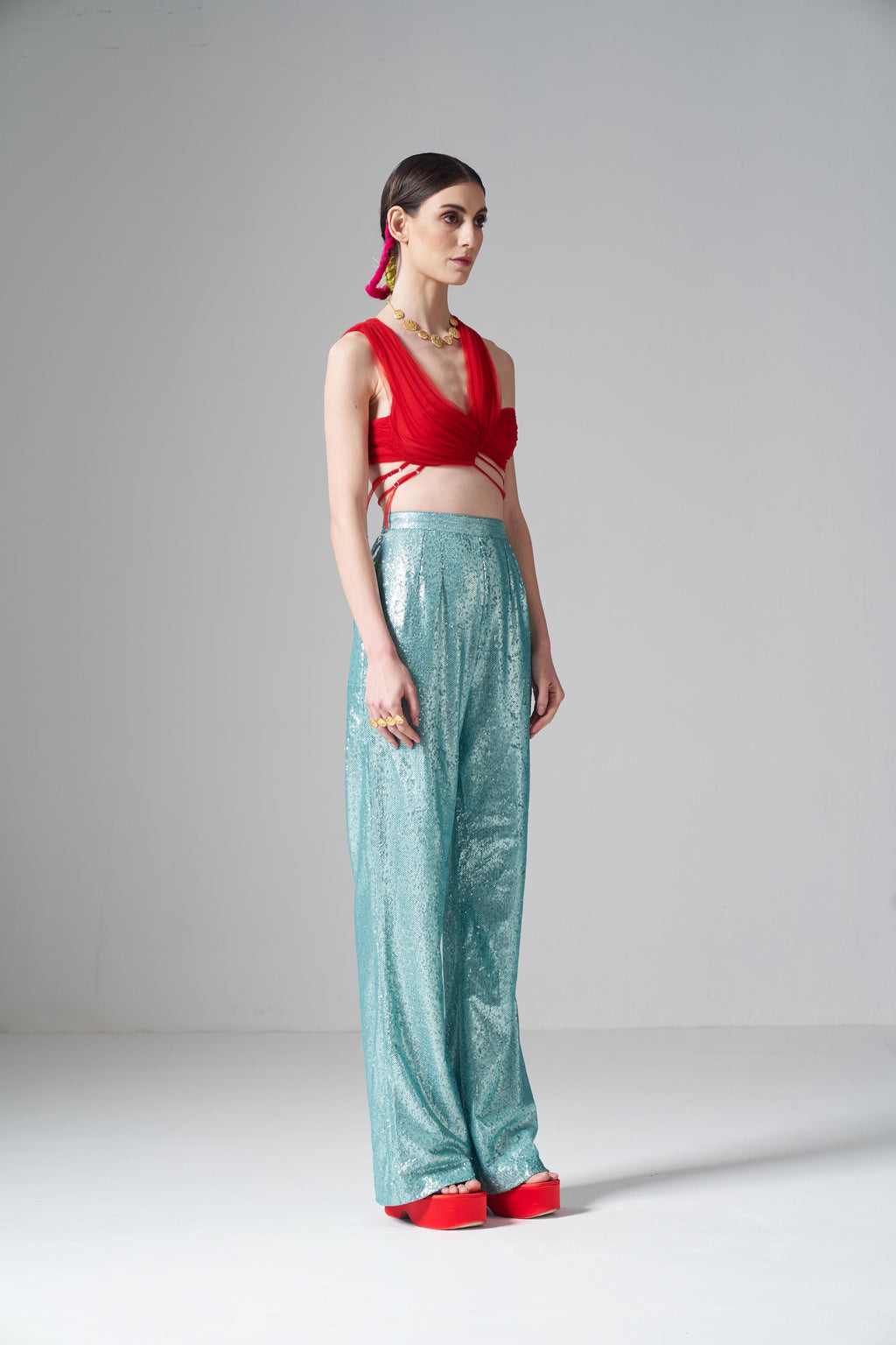 Red Hand Gathered Tulle Top