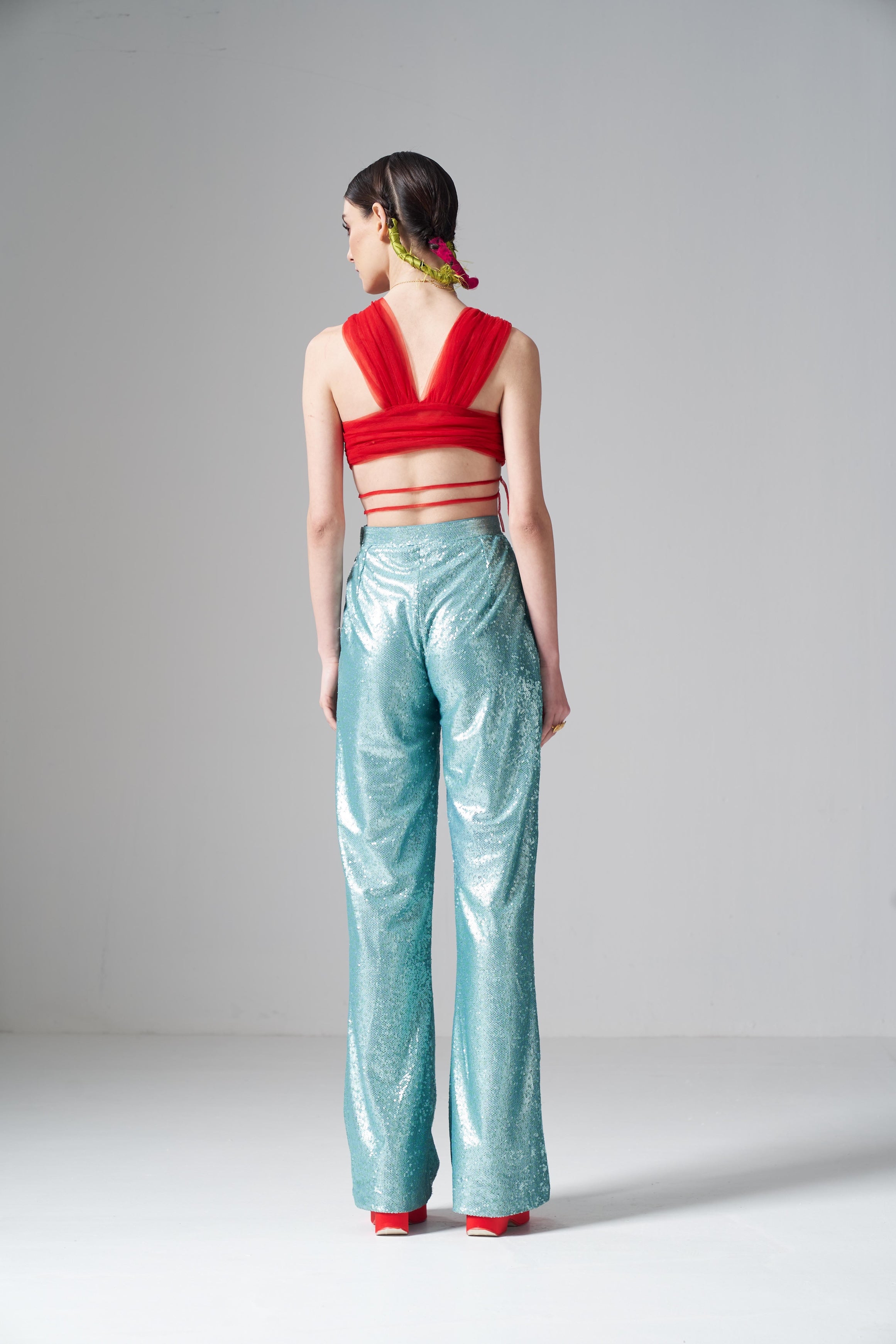 Red Hand Gathered Tulle Top
