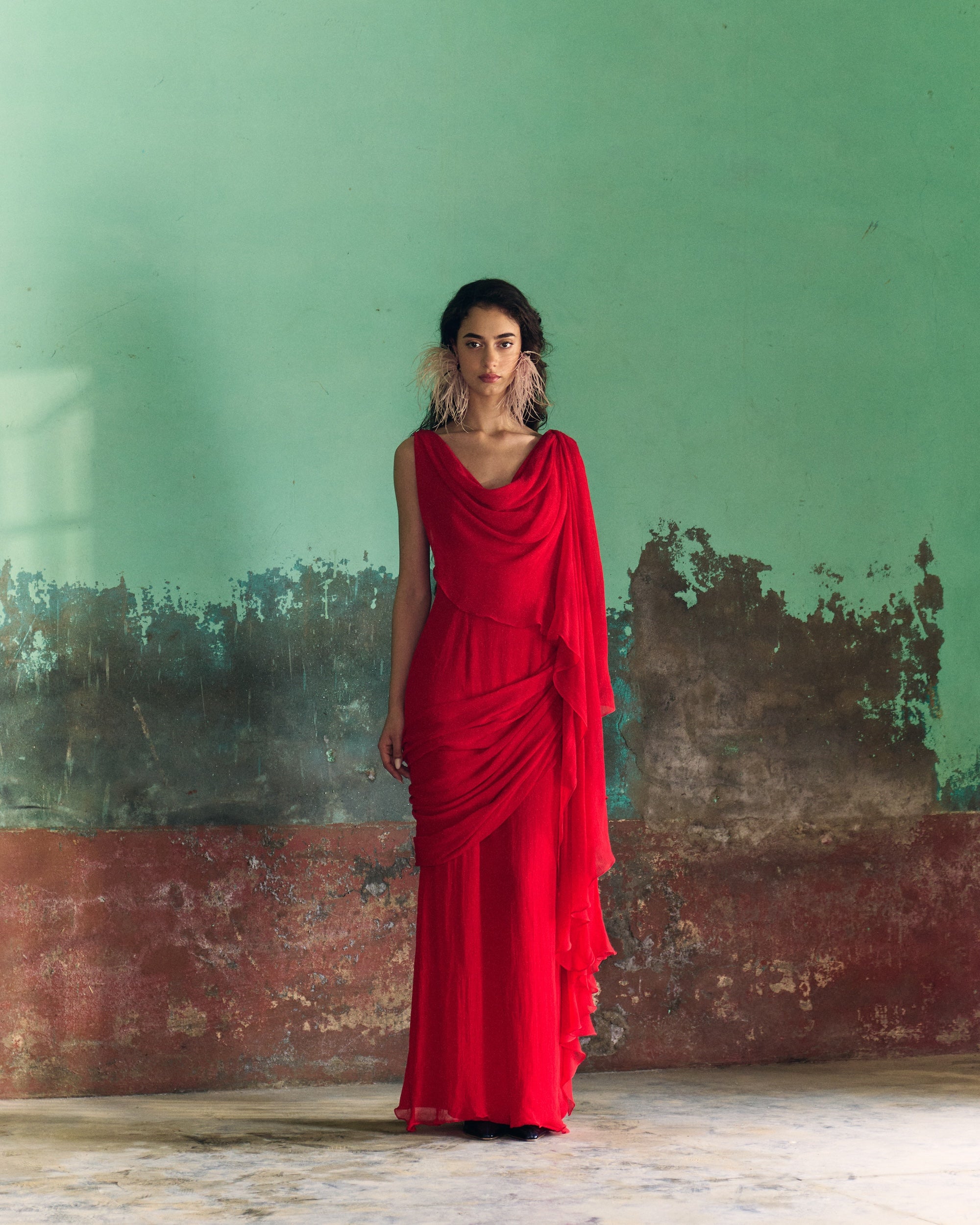 Red Chiffon Draped Dupatta Dress
