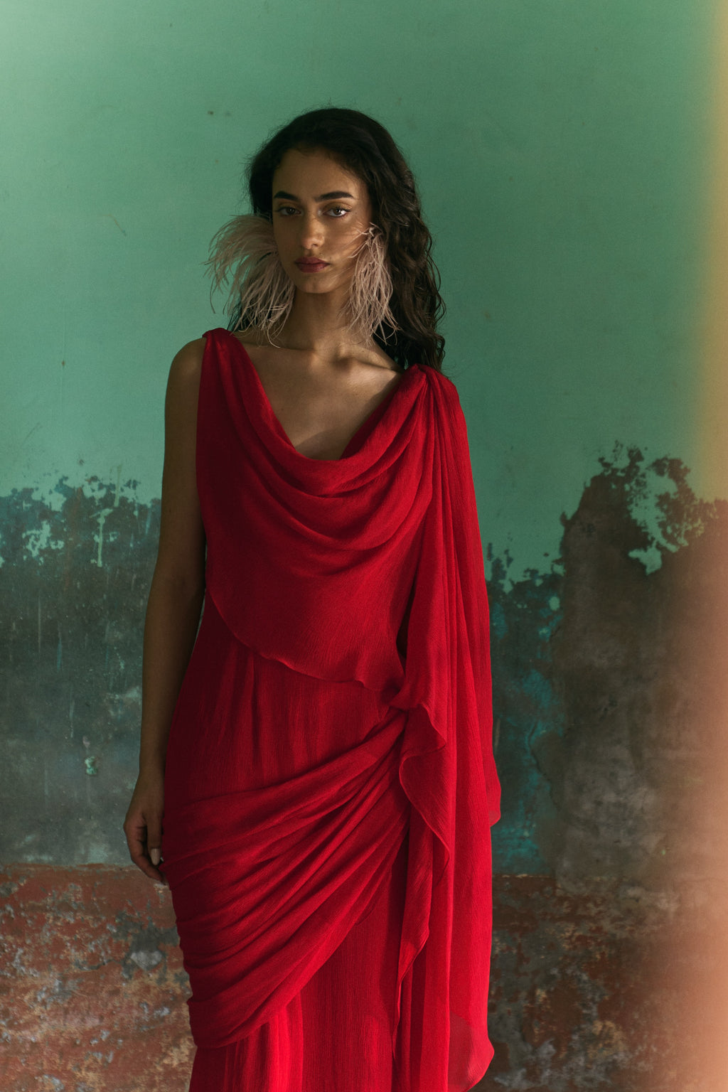 Red Chiffon Draped Dupatta Dress