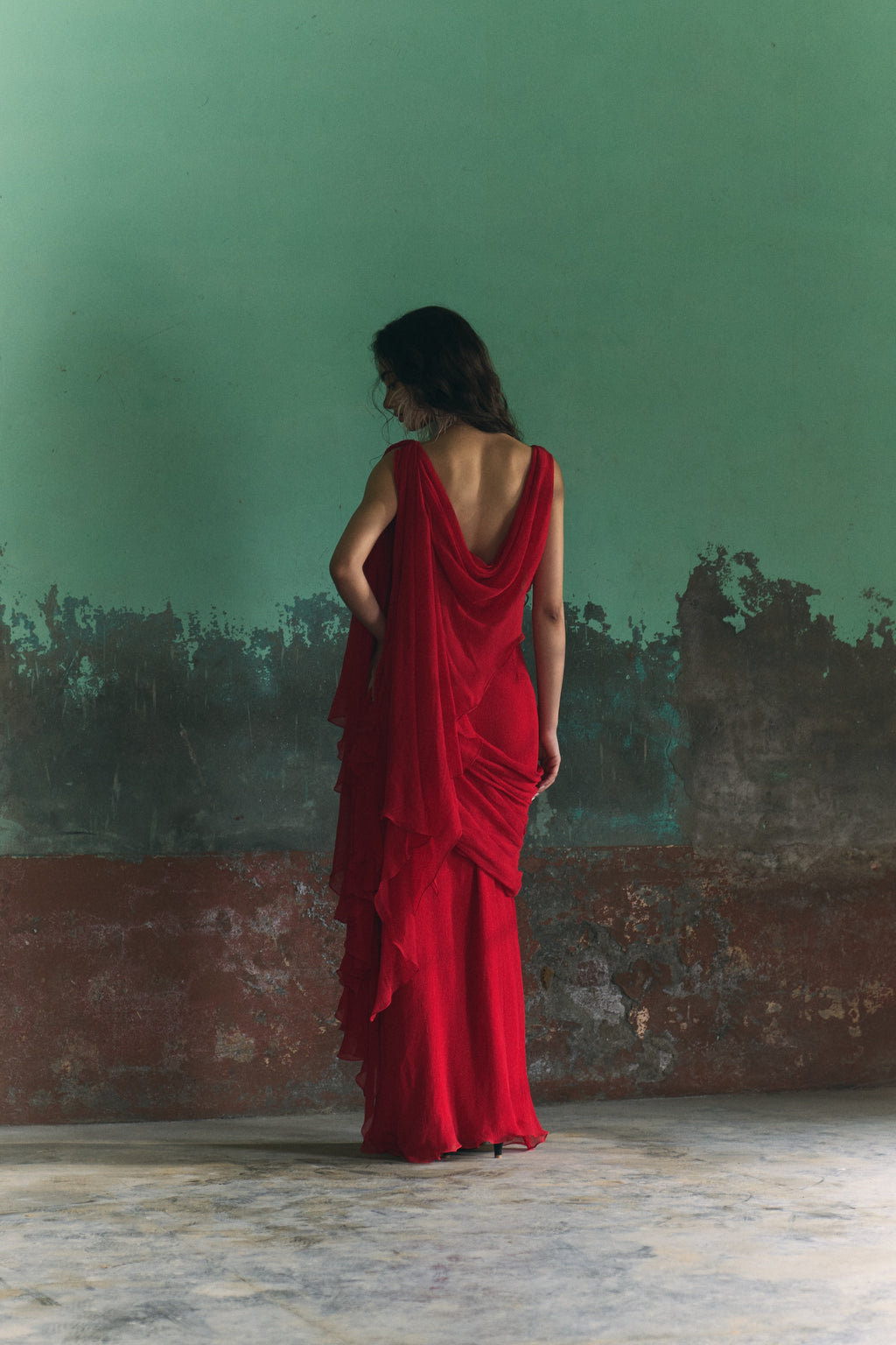 Red Chiffon Draped Dupatta Dress