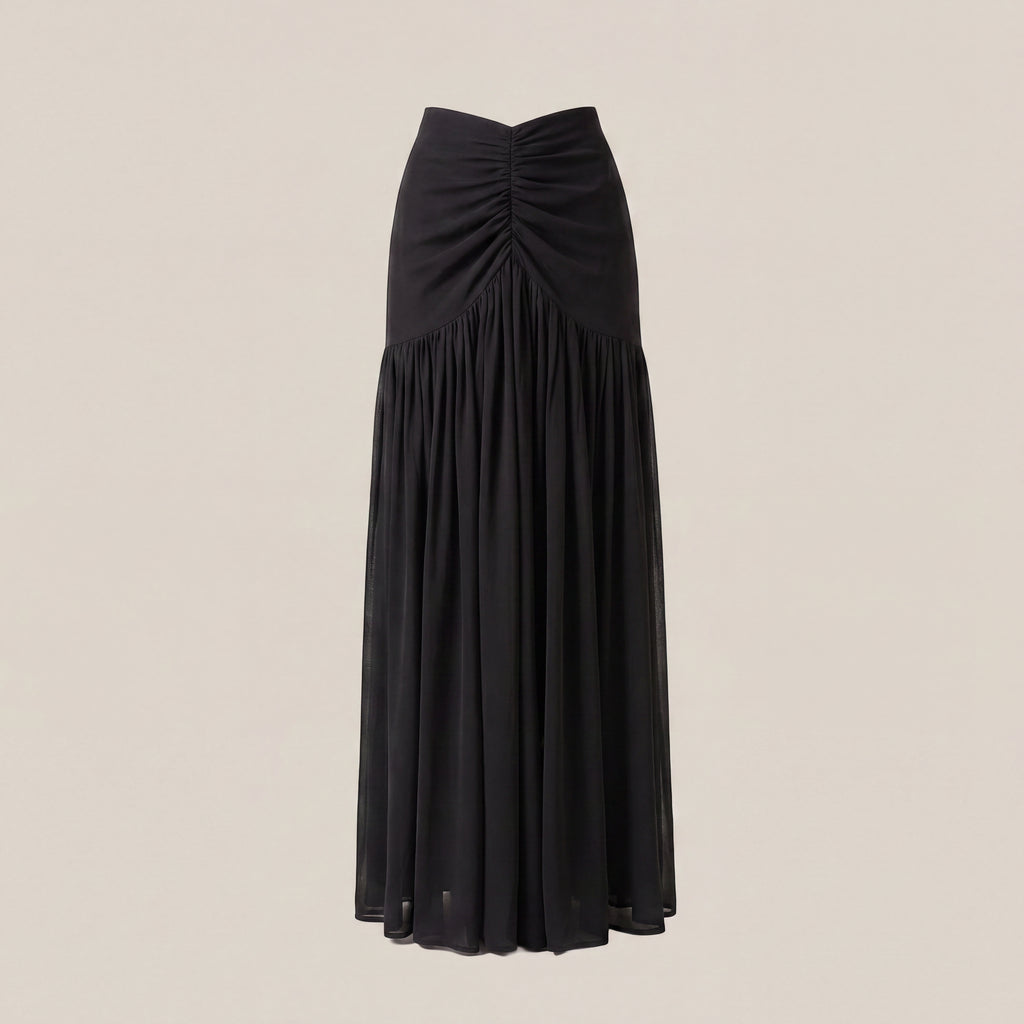 A black midi skirt with a ruched gathered waist and a flowing pleated skirt, displayed against a solid light beige background.