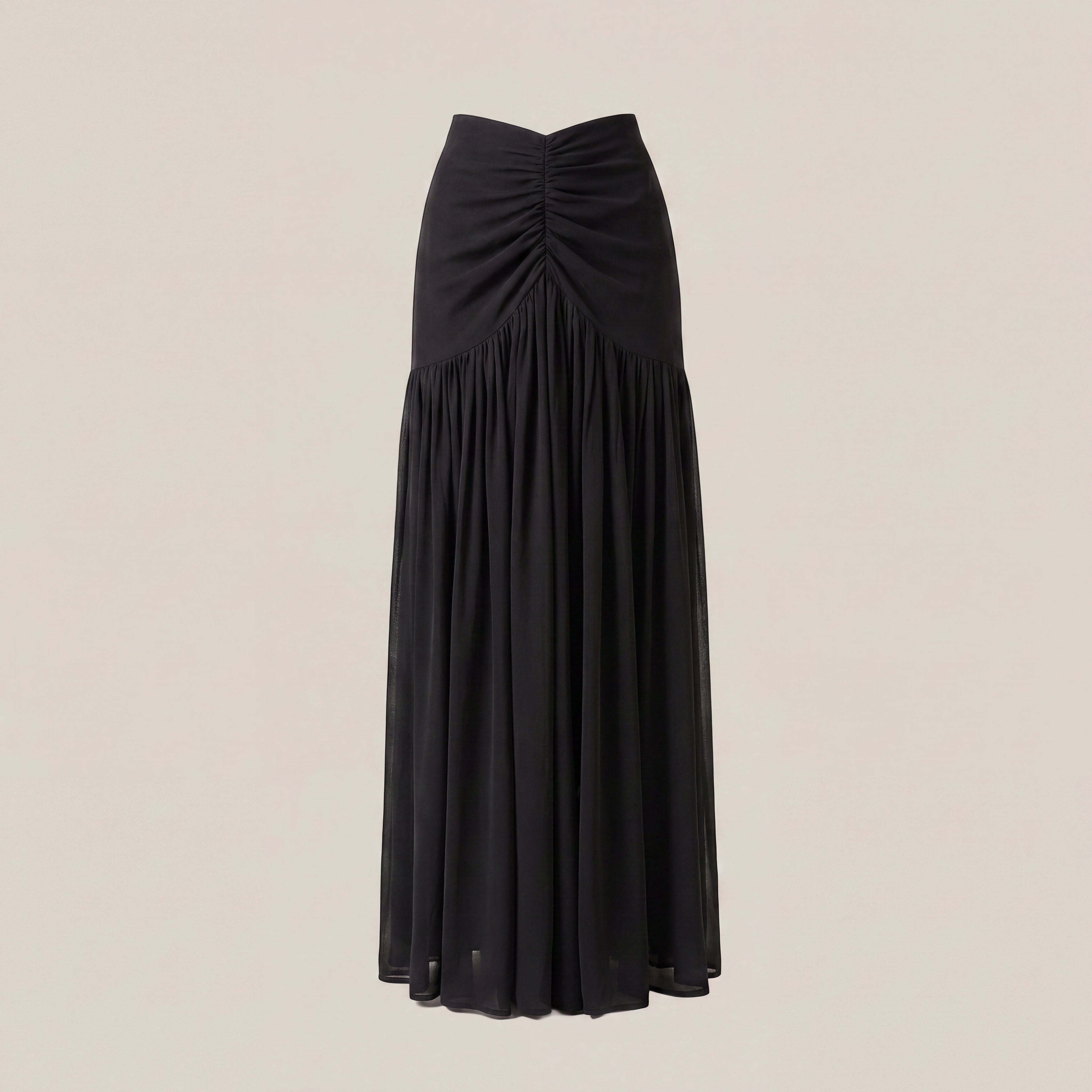 A black midi skirt with a ruched gathered waist and a flowing pleated skirt, displayed against a solid light beige background.