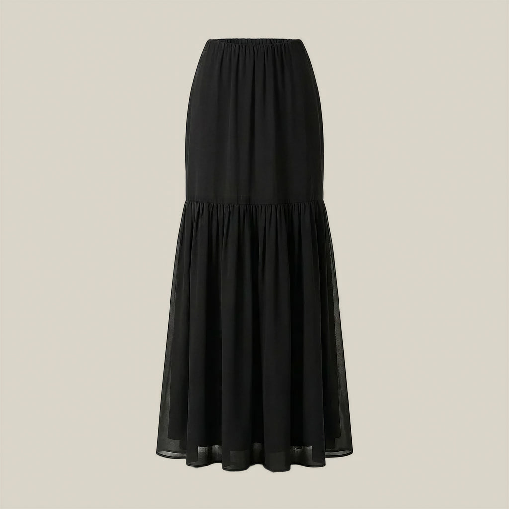 A black midi skirt with a gathered waistband and a tiered ruffle hem, displayed against a solid light beige background.