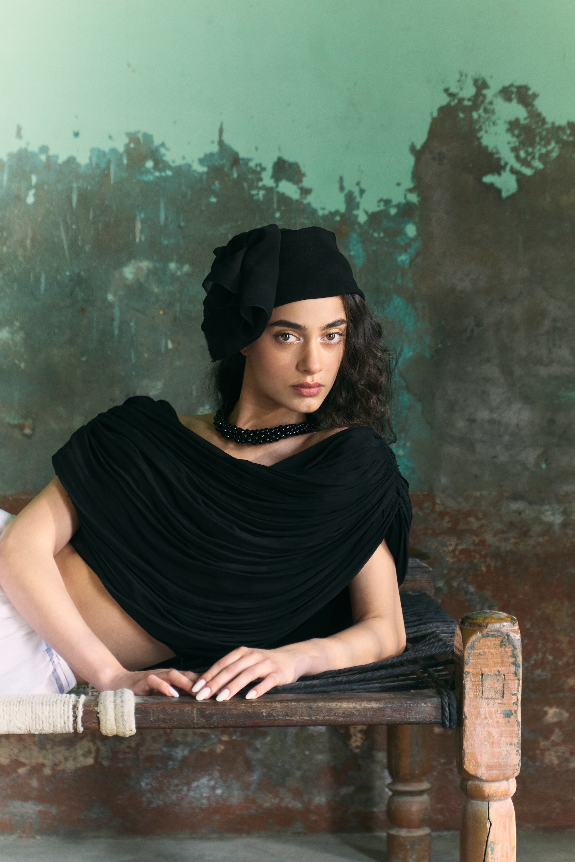 White Gathered Handwoven Cotton Dhoti Maxi Skirt  and Black Draped Chiffon Top