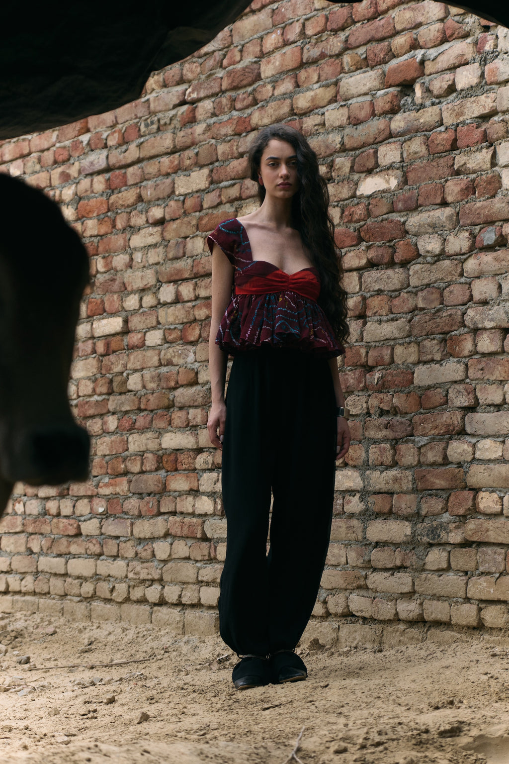 Hand Tie Dye Odhni Cotton Gathered Top and Black Chiffon Trousers