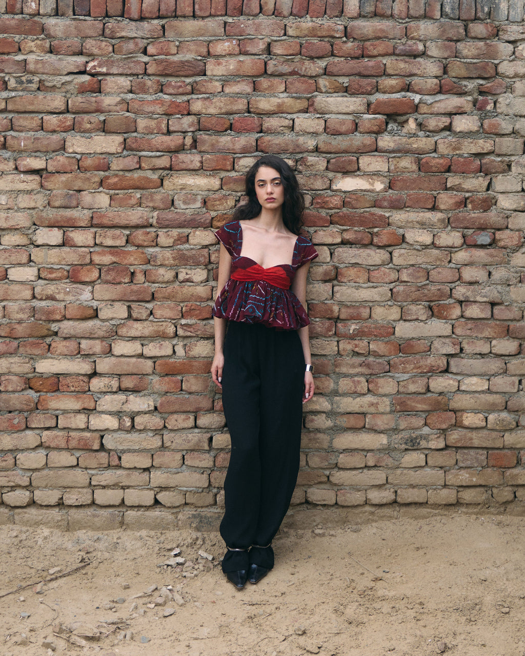 Hand Tie Dye Odhni Cotton Gathered Top and Black Chiffon Trousers