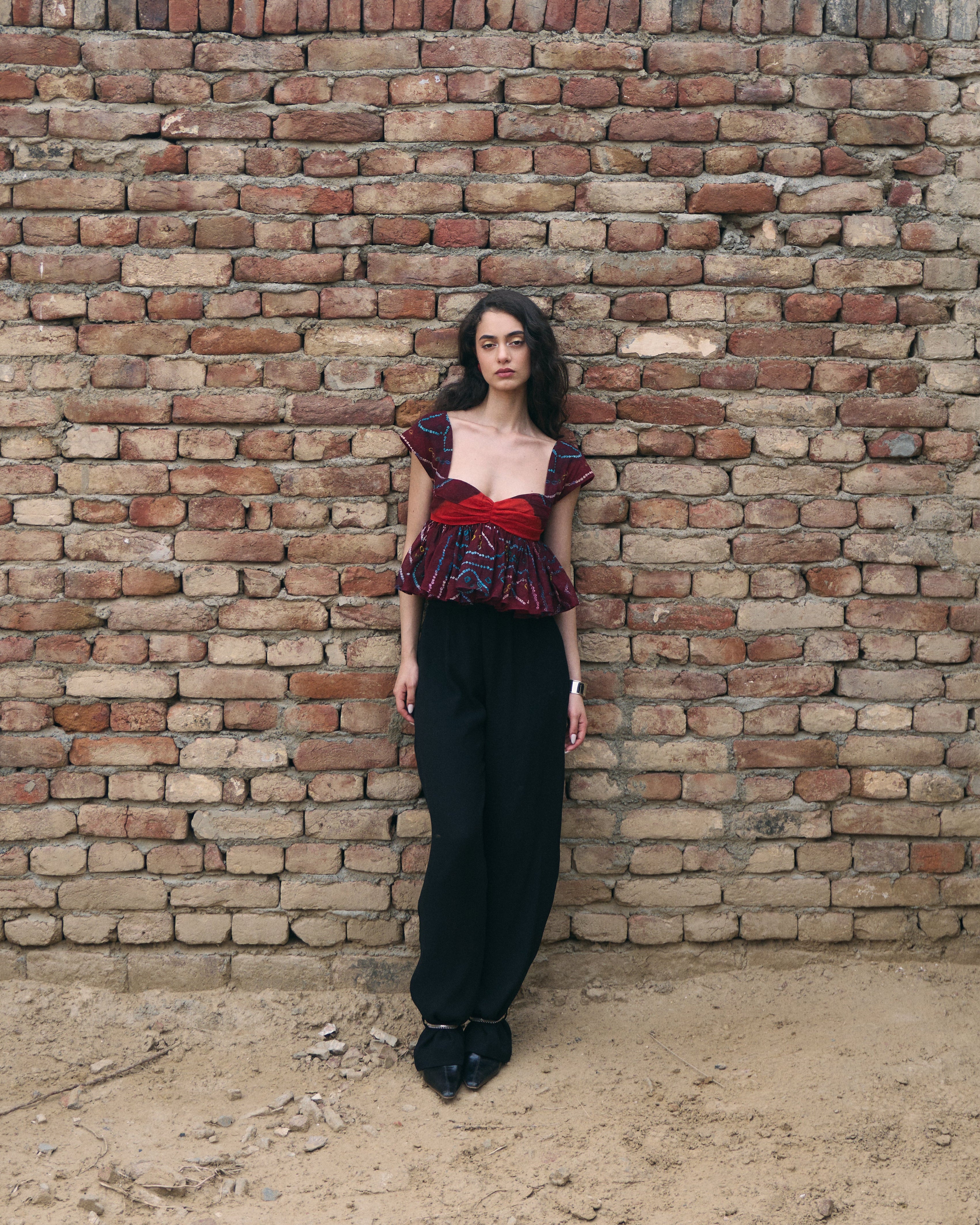 Hand Tie Dye Odhni Cotton Gathered Top and Black Chiffon Trousers