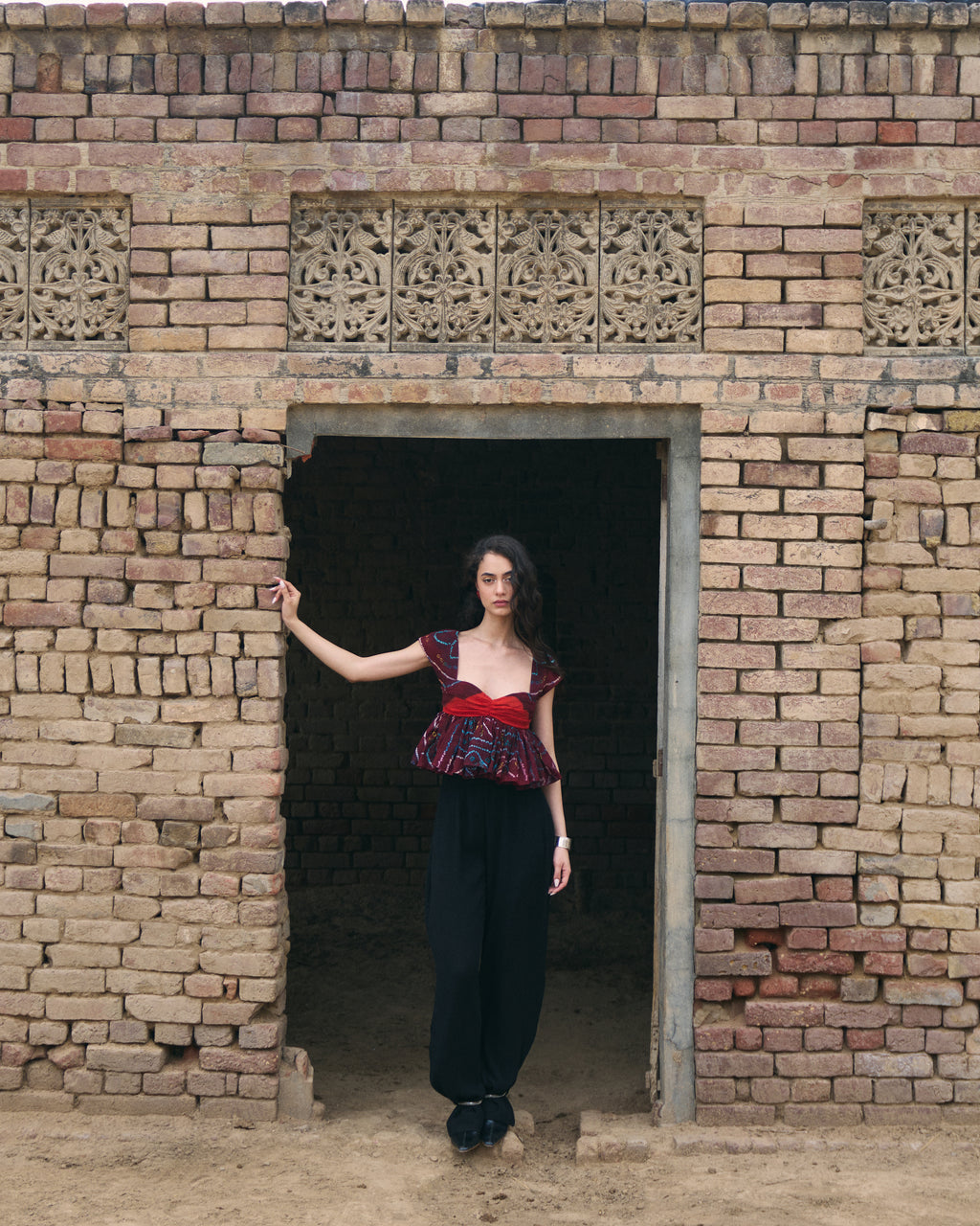Hand Tie Dye Odhni Cotton Gathered Top and Black Chiffon Trousers