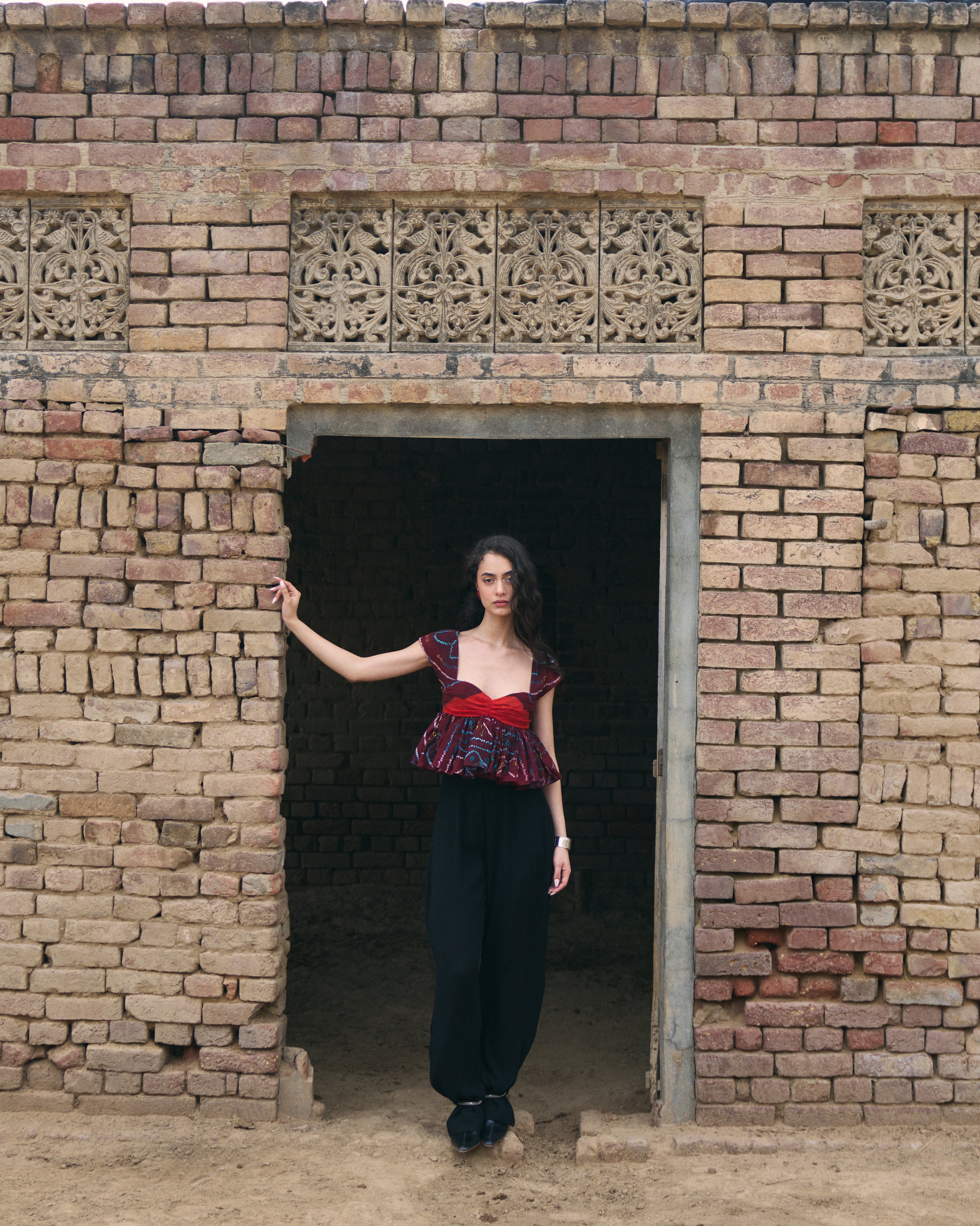 Hand Tie Dye Odhni Cotton Gathered Top and Black Chiffon Trousers