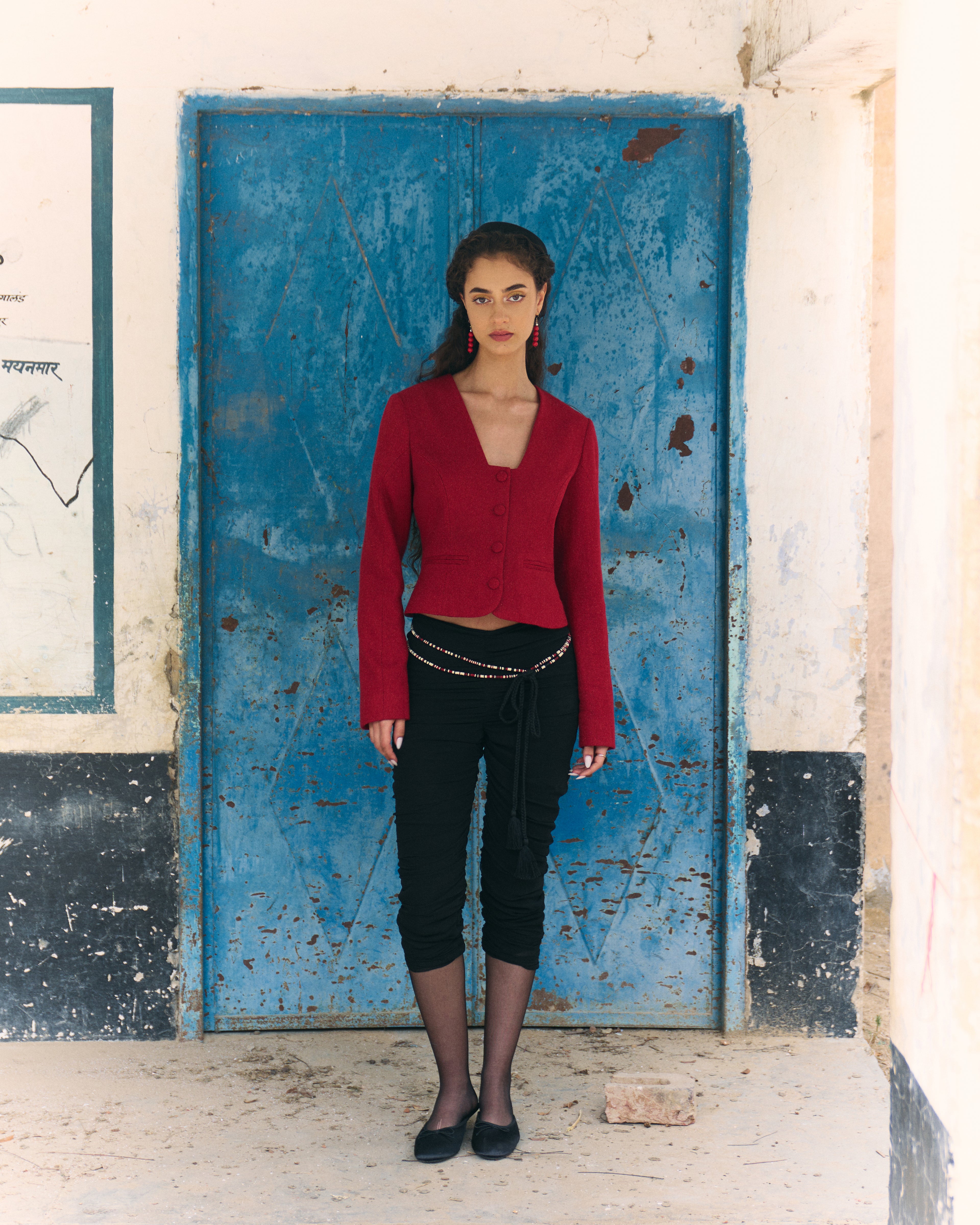 Red Hand Woven Khadi Wool Jacket and Black Ruched Trousers