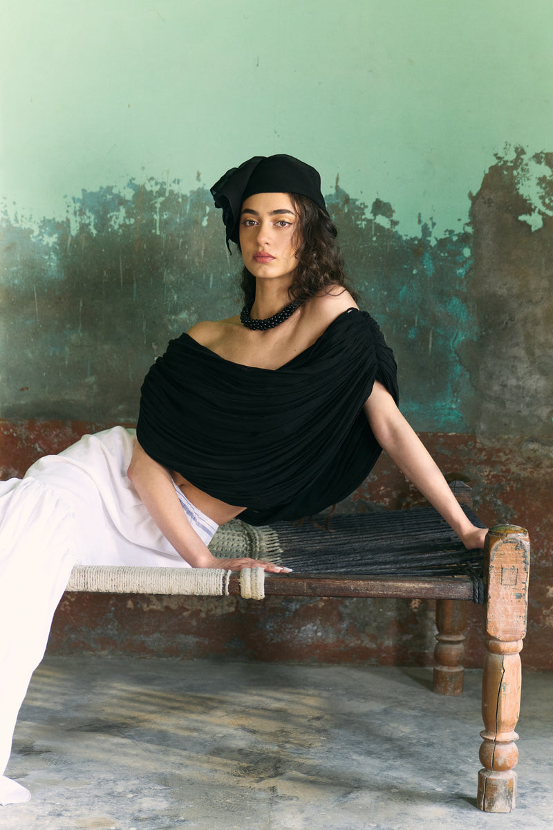 Black Chiffon Dupatta Top and White Handwoven Cotton Long Skirt