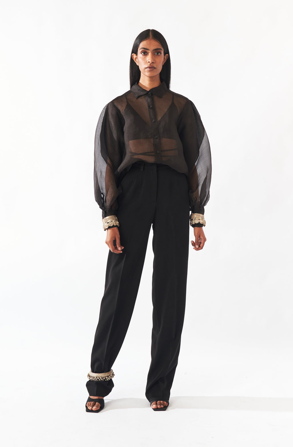 Black Silk Organza Long Sleeve Shirt