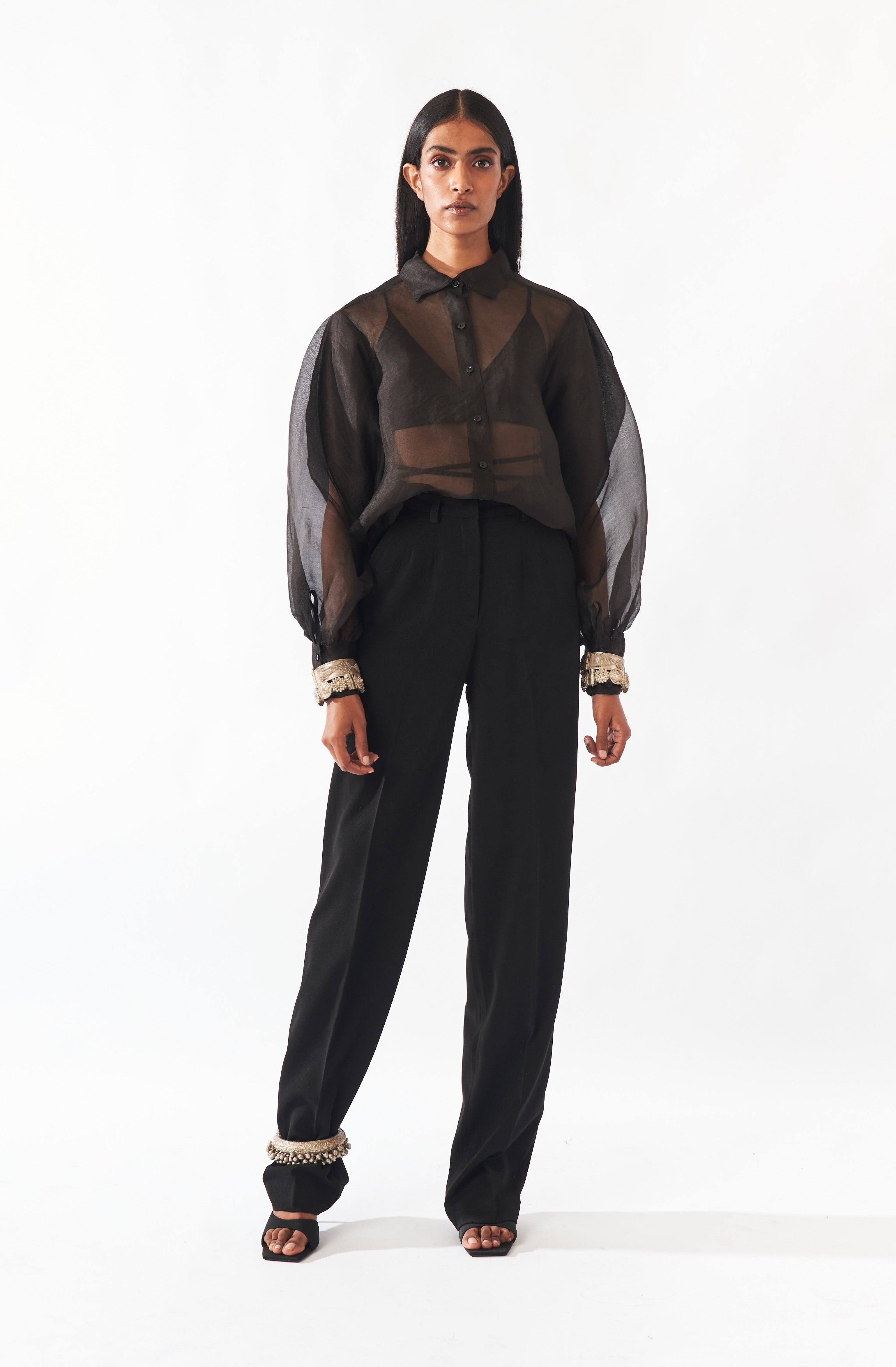 Black Silk Organza Long Sleeve Shirt