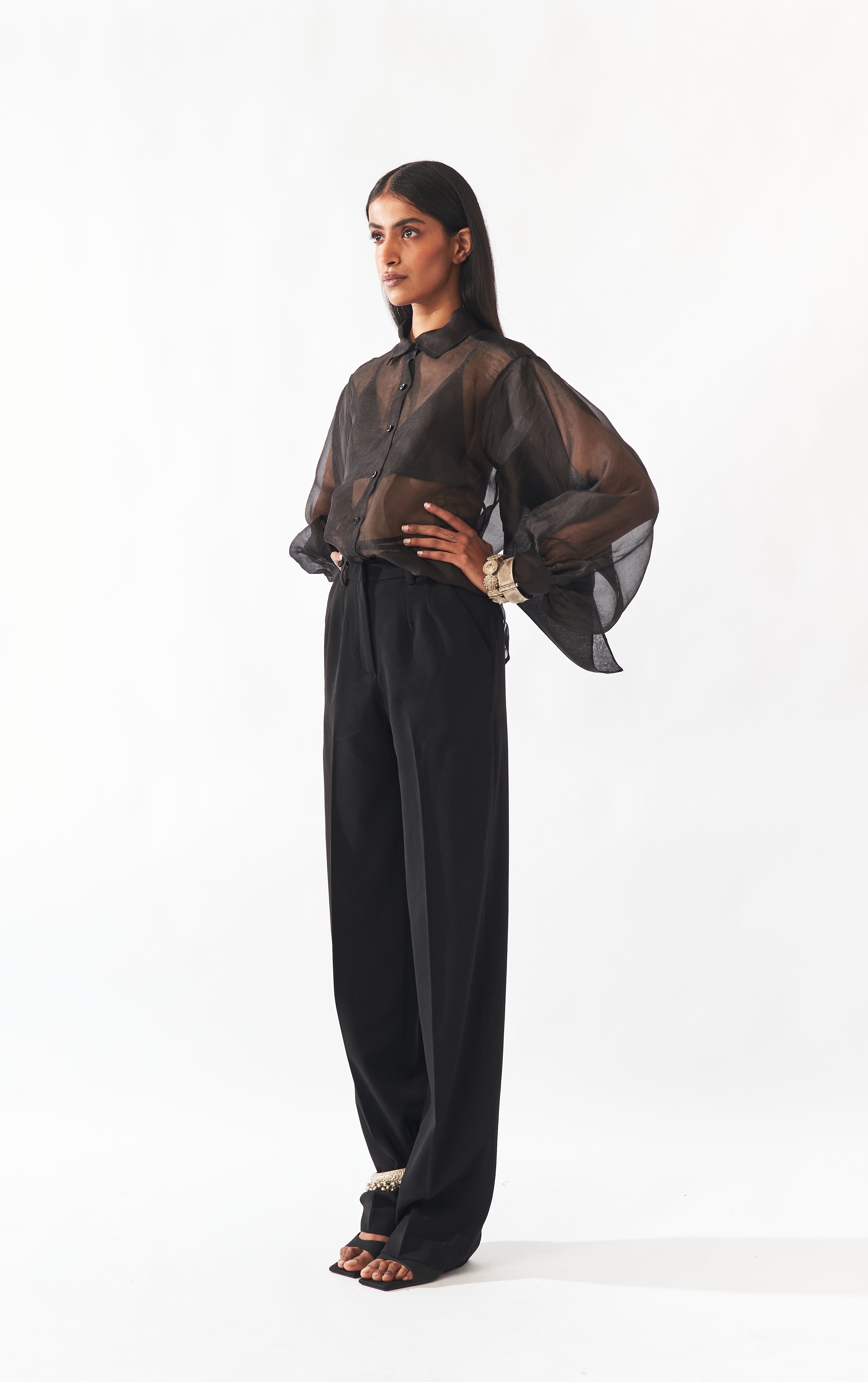 Black Silk Organza Long Sleeve Shirt