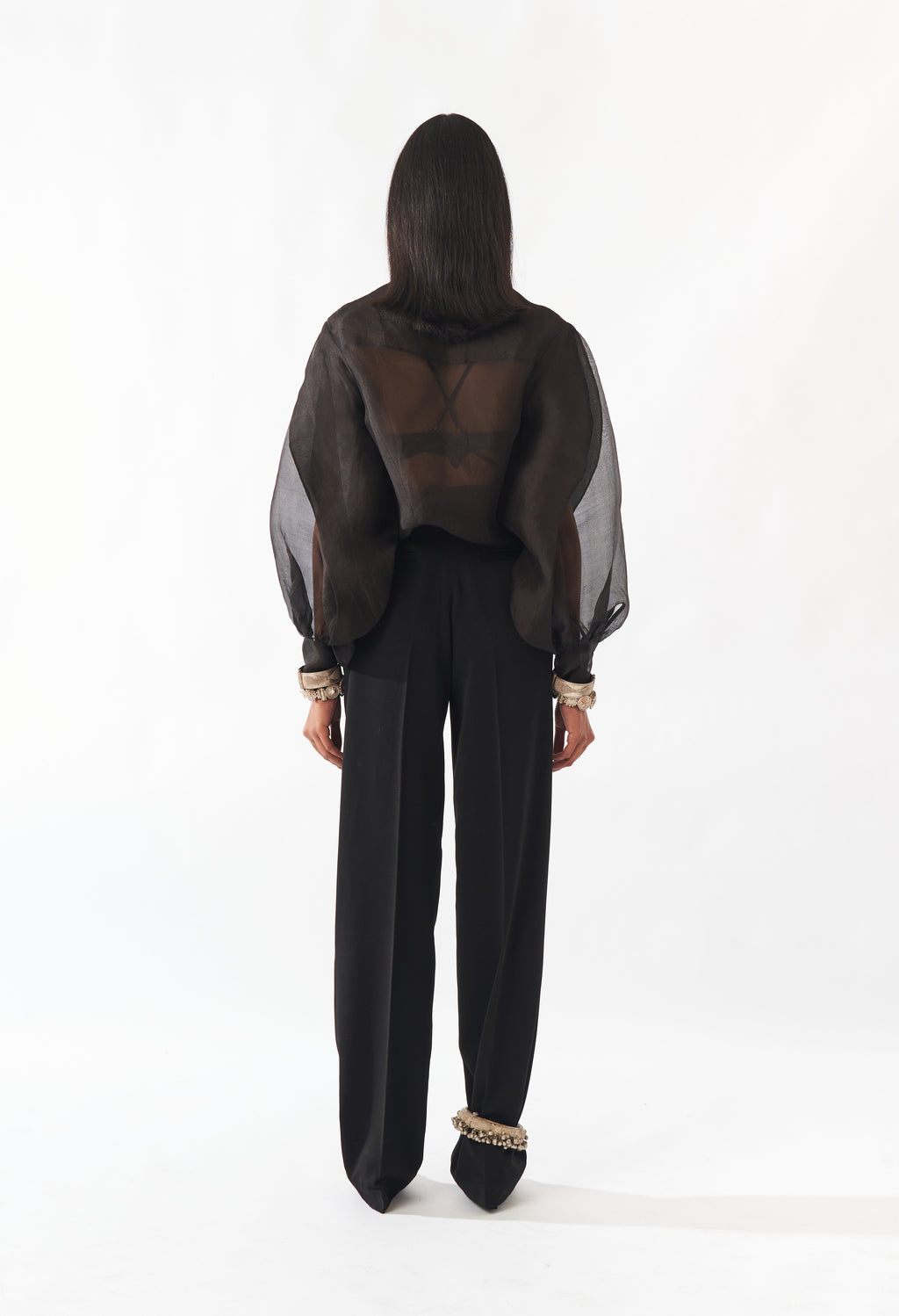 Black Silk Organza Long Sleeve Shirt
