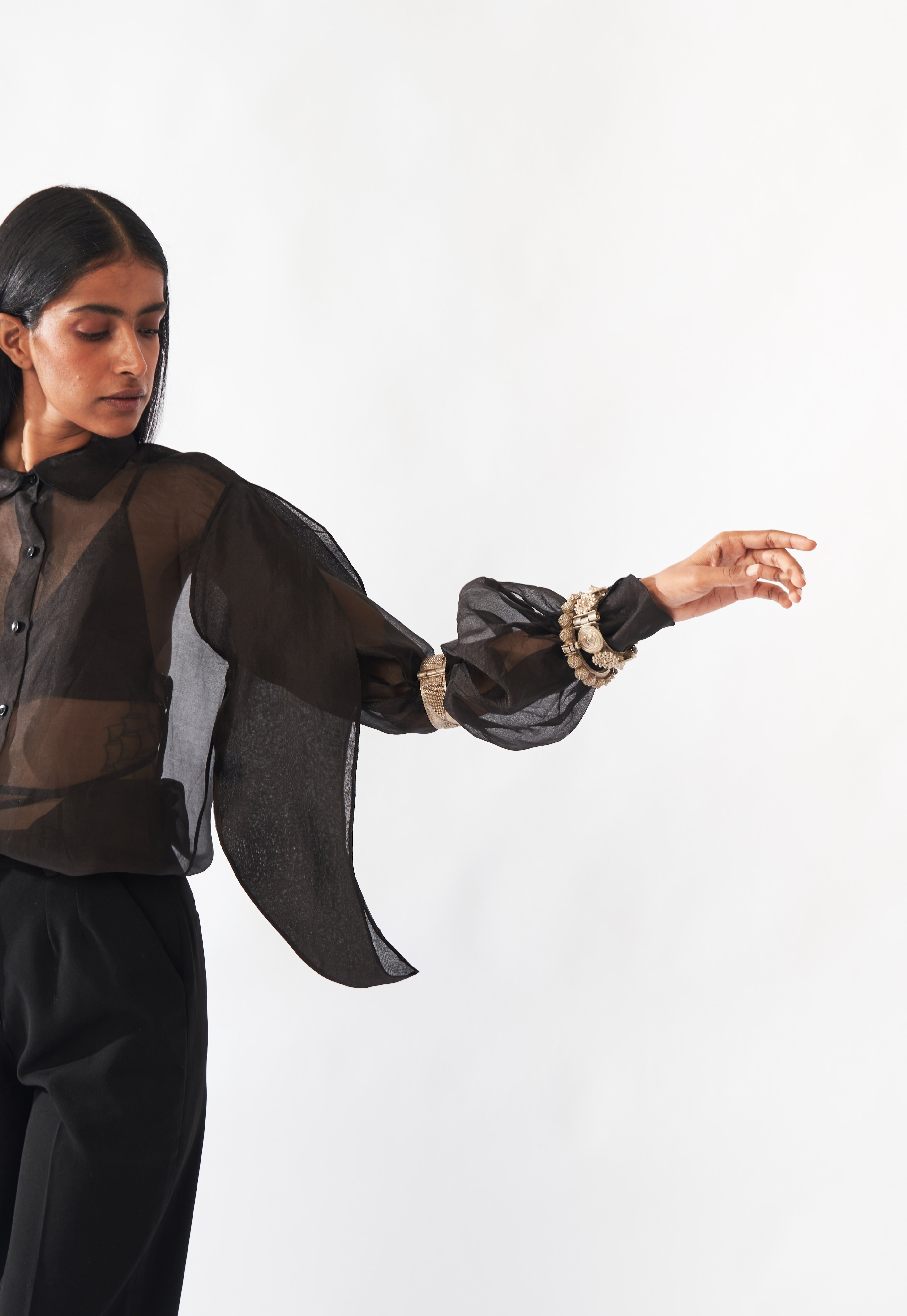 Black Silk Organza Long Sleeve Shirt
