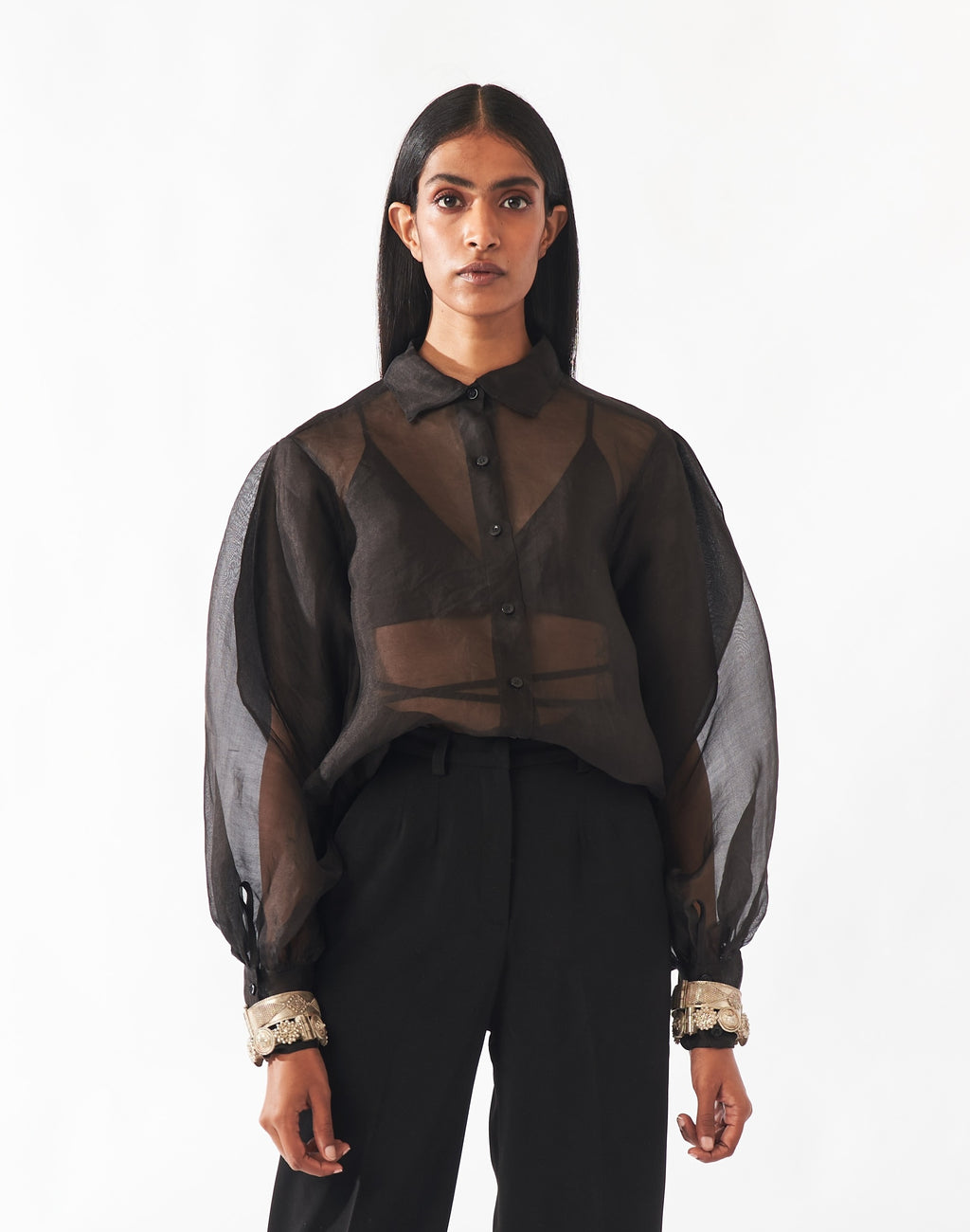 Black Silk Organza Long Sleeve Shirt