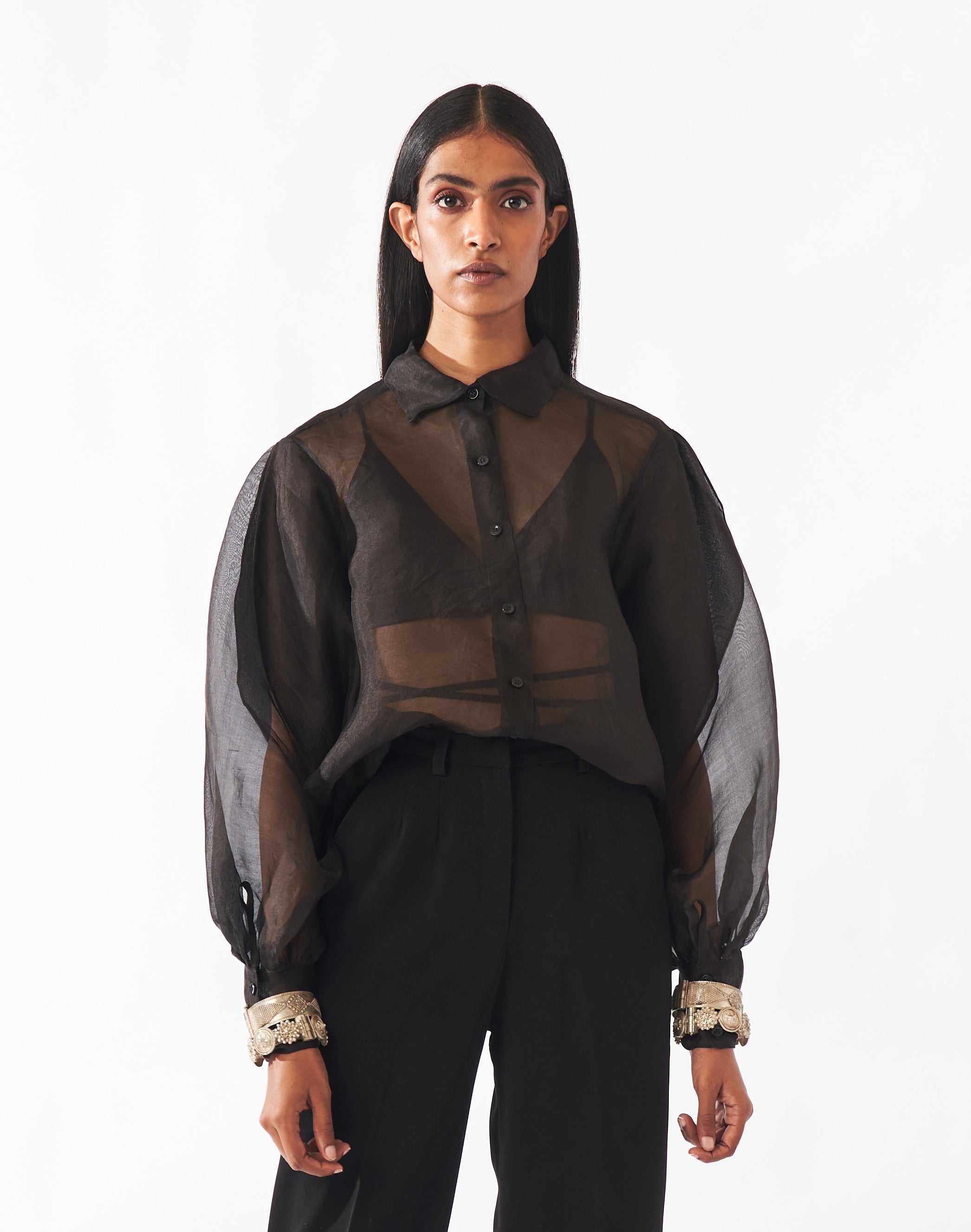 Black Silk Organza Long Sleeve Shirt