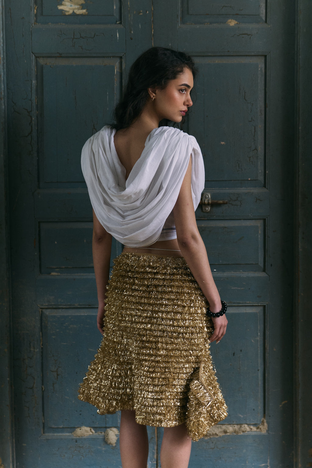 Golden Kiran Midi Skirt and White handwoven cotton top