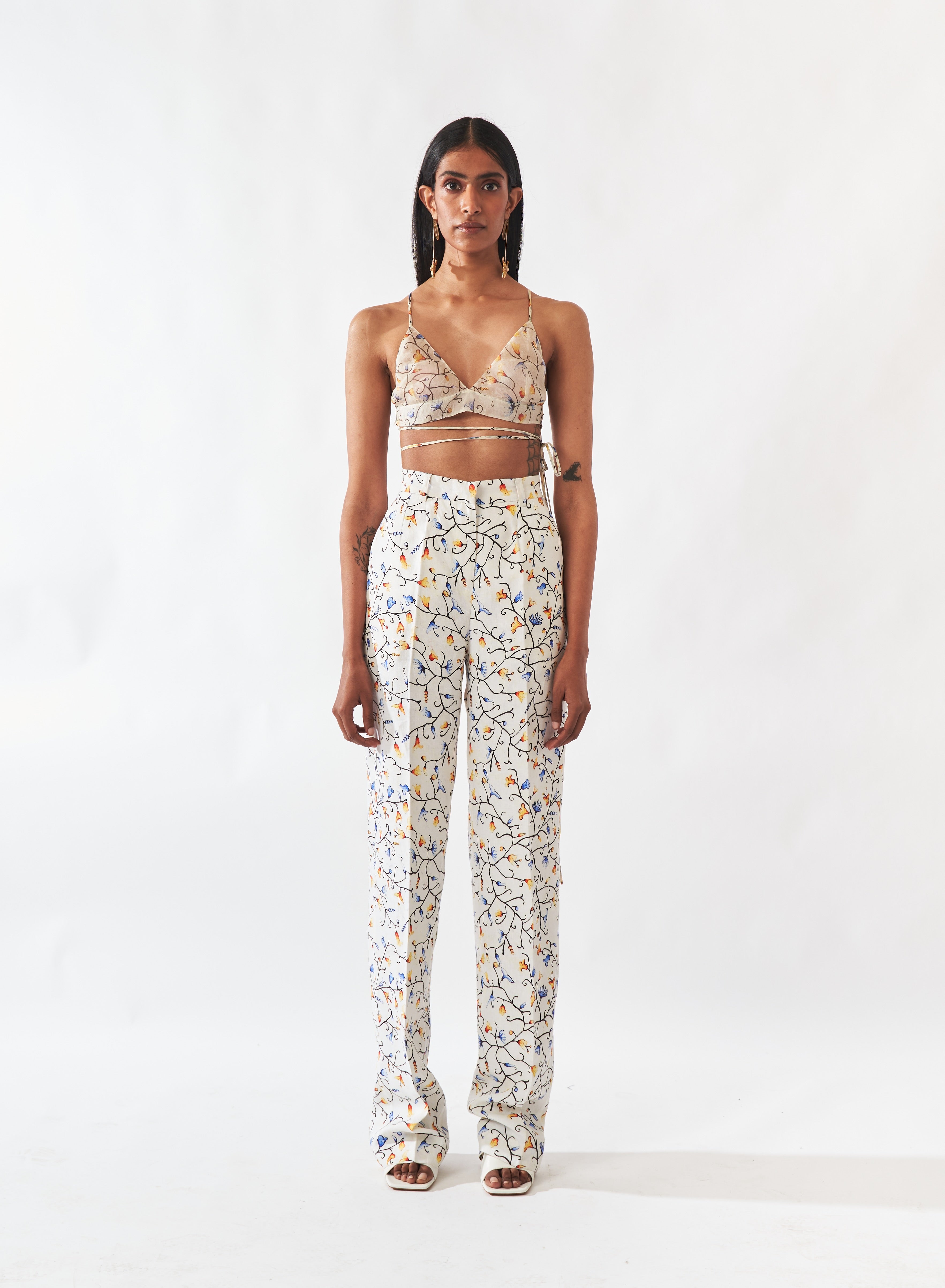 Floral Silk Bralette and Floral Linen Trousers
