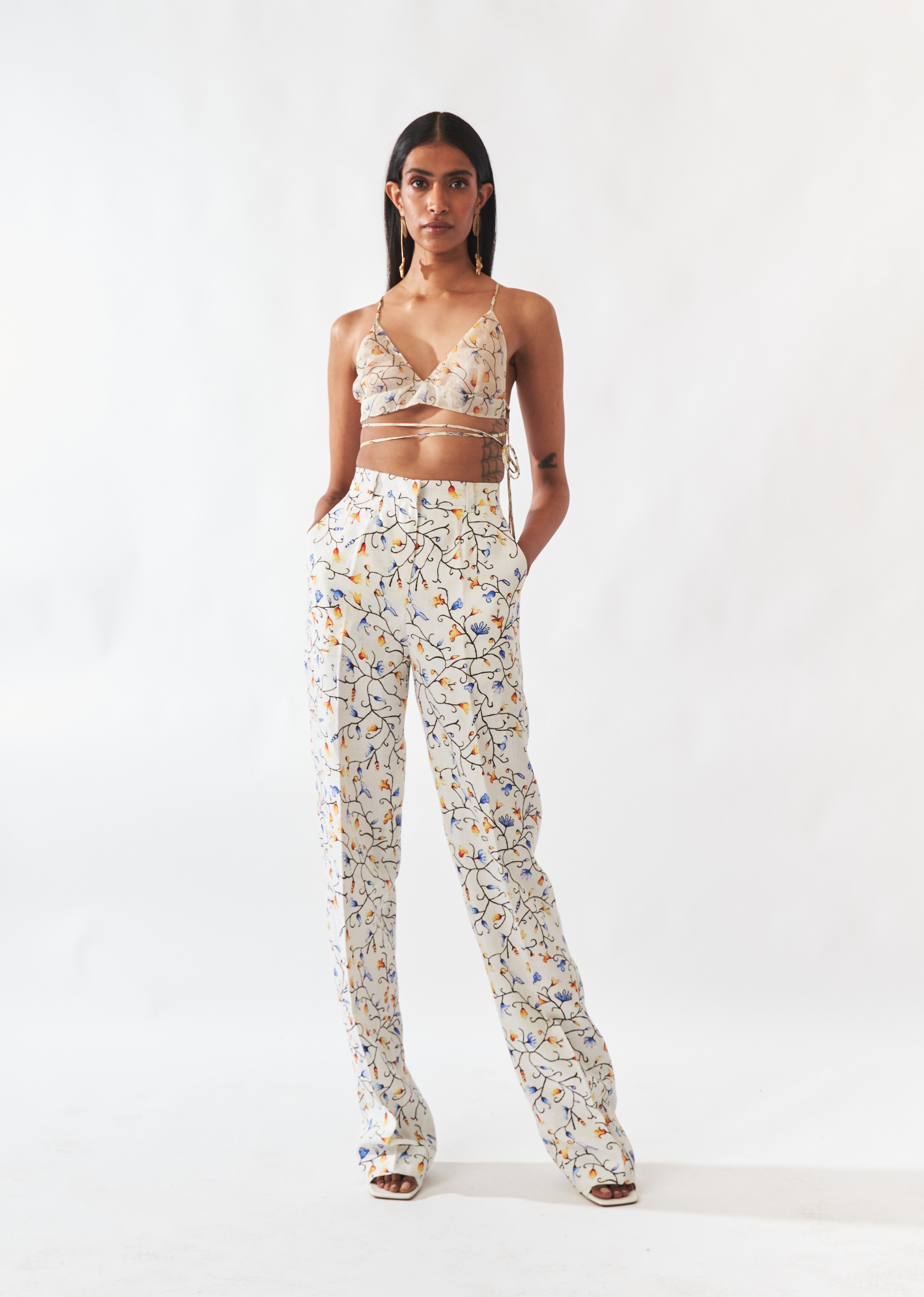 Floral Silk Bralette and Floral Linen Trousers