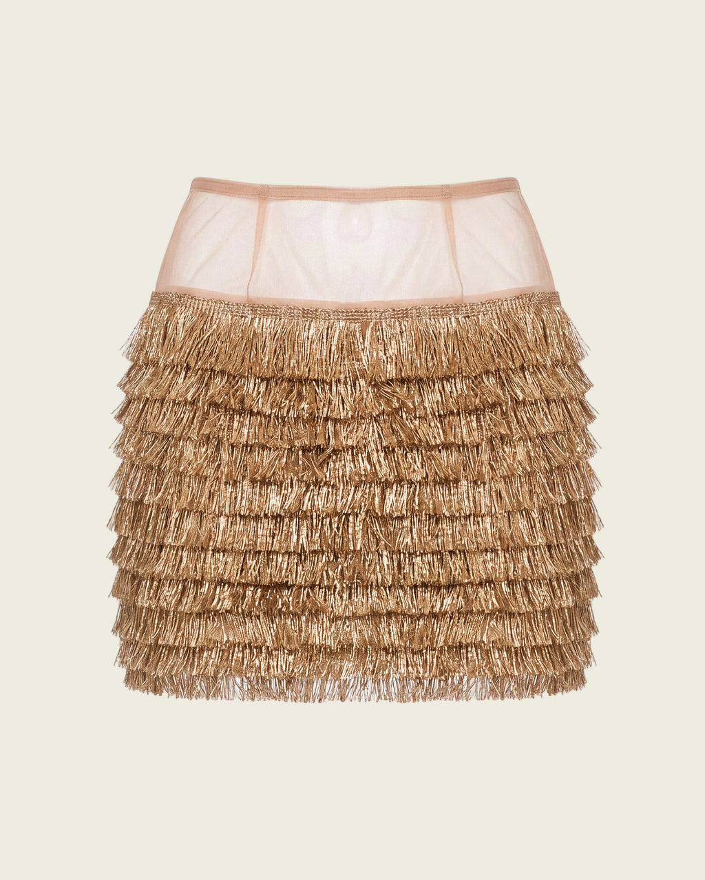 A metallic gold fringed mini skirt with a sheer nude mesh waistband, shown against a plain white background.
